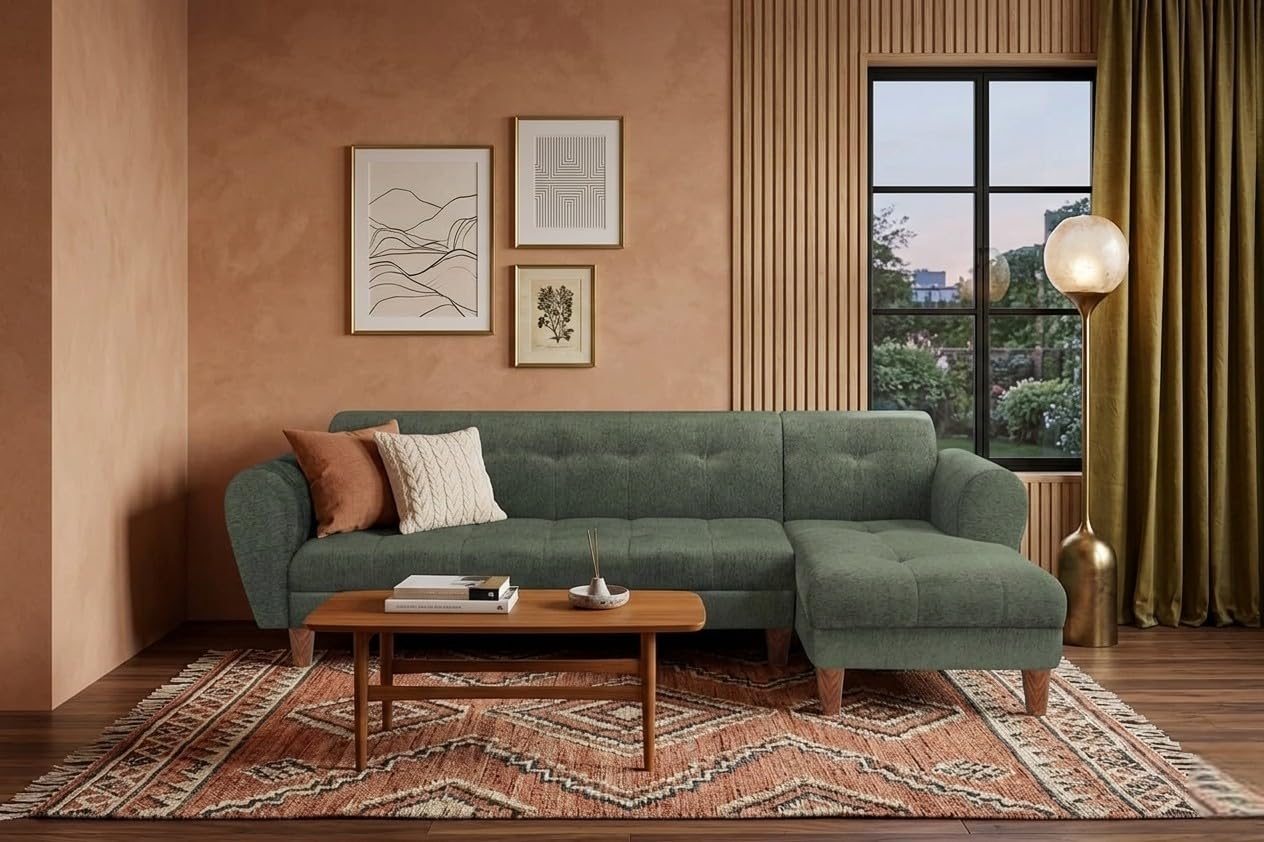 Modern L-Shape Sofa Set with Chaise Lounge | 6 Seater Corner Sectional Sofa with Wooden Legs | Comfortable Fabric Couch for Living Room | Luxury Home Furniture (Green, Right Facing)-image-29