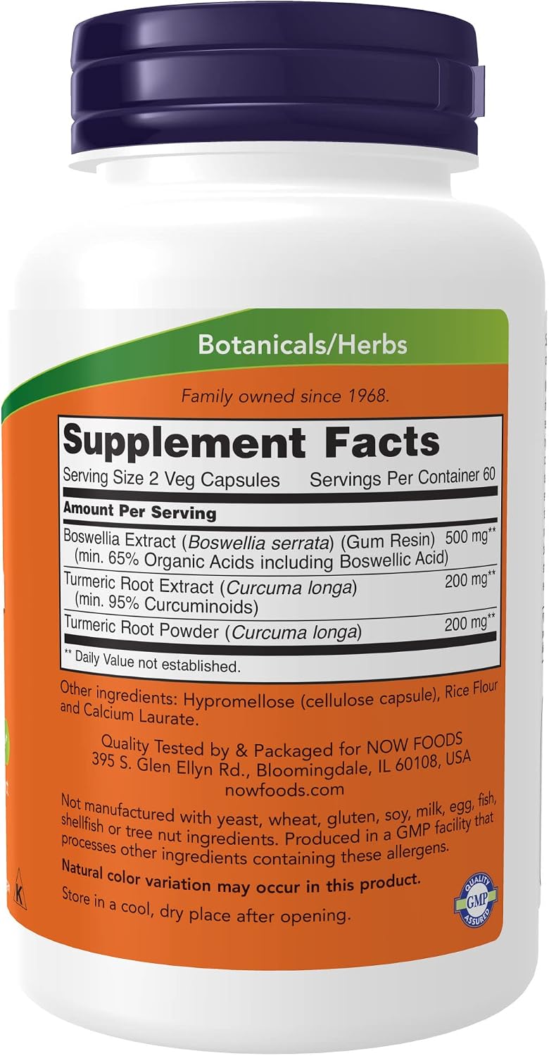 NOW Supplements, Boswellia Extract 250 mg, plus Turmeric Root Extract, 120 Veg Capsules