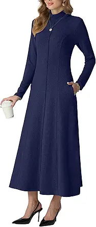 GRECERELLE Women's 2025 Fall Winter Casual Mock Neck Long Sleeve Flared Maxi Sweater Dress with Pockets (XS - 3XL)