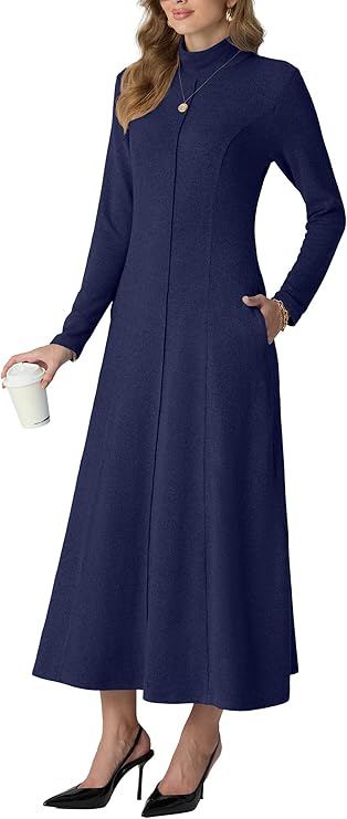 GRECERELLE Women's 2025 Fall Winter Casual Mock Neck Long Sleeve Flared Maxi Sweater Dress with Pockets (XS - 3XL)