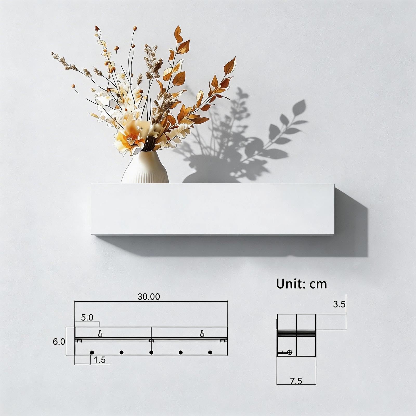 Porta Chiavi da Muro per Casa con Ripiano, Appendi Chiavi a Muro con 5 Ganci, Metallo-Legno Portachiavi da Parete Moderno, Salvaspazio, 30 x 7,5 x 6 cm, Bianco, per Ingressi, Corridoi, Soggiorni