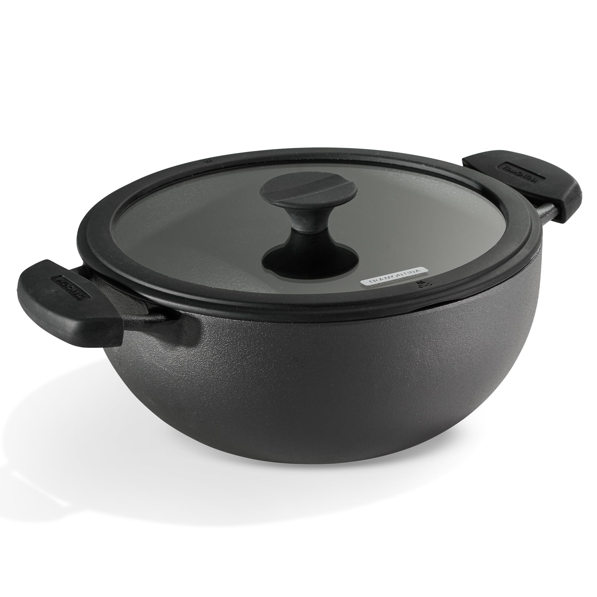 TRAMONTINA TITANEX 30cm/6.8L Pre-Seasoned Heritage Cast Iron Deep Kadai with Toughened Glass Lid | Snap-On Silicone Grips | Kadhai for Curry | Gas/Induction Cookware | Life-Time Warranty*