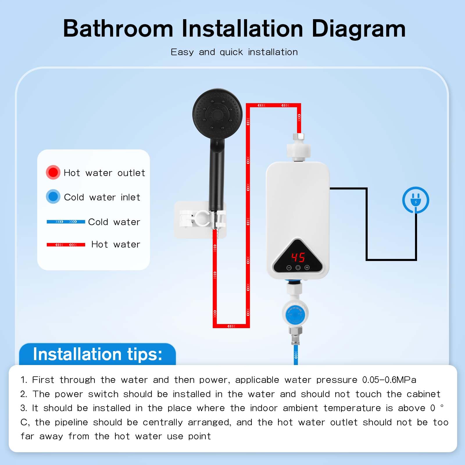 Calentador De Agua Eléctrico, Mini Calentador de Agua 220 V 5500 W, 30-55 °C, Temperatura Ajustable, Ducha de Calentador Instantáneo sin Tanque con Pantalla LED para Cocina y Baño (RYK-009)