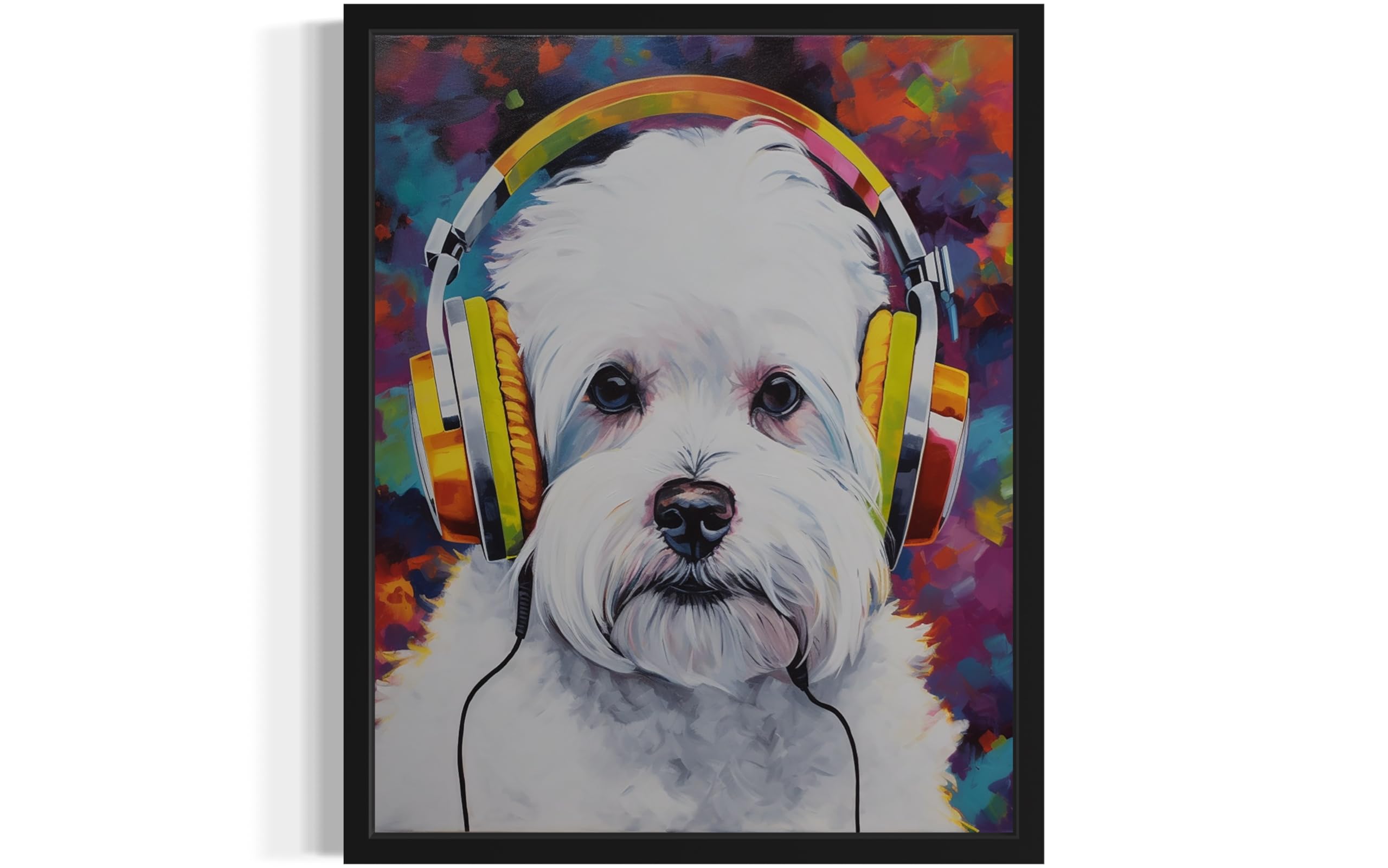 Maltese Abstract Art Print Poster, Dog With Headphones Humor Pet Animal Wall Art Decor Picture Painting Decor Gallery 12B (Maltese, 16 x 20 inches,