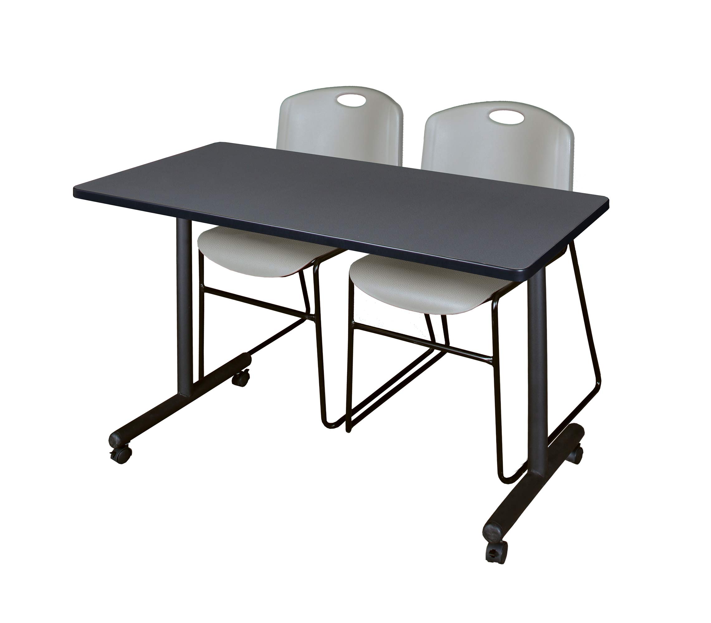 Regency Kobe 48 x 24 in. Mobile T-Base Training Table- Grey, 2 Zeng Stack Chairs- Grey