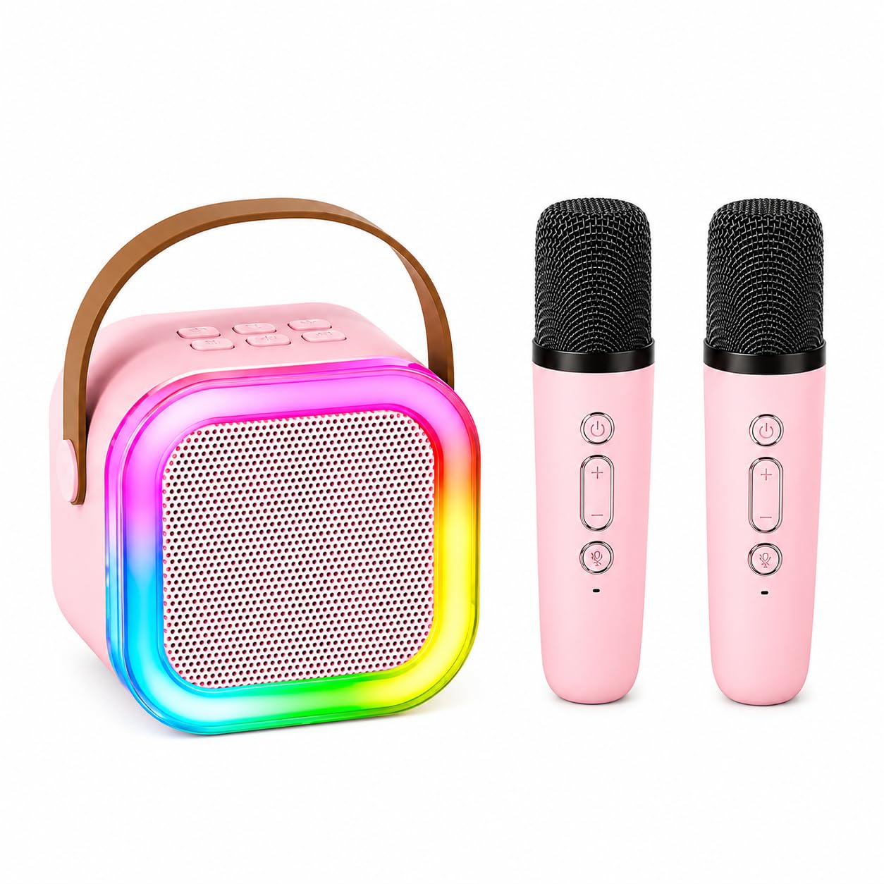 Karaoke Machine with 2 Wireless Microphones for Kids & Adults, Portable Bluetooth Karaoke Speaker, Supports TF (MicroSD) Card, Home Singing System with LED Lights (Pink)