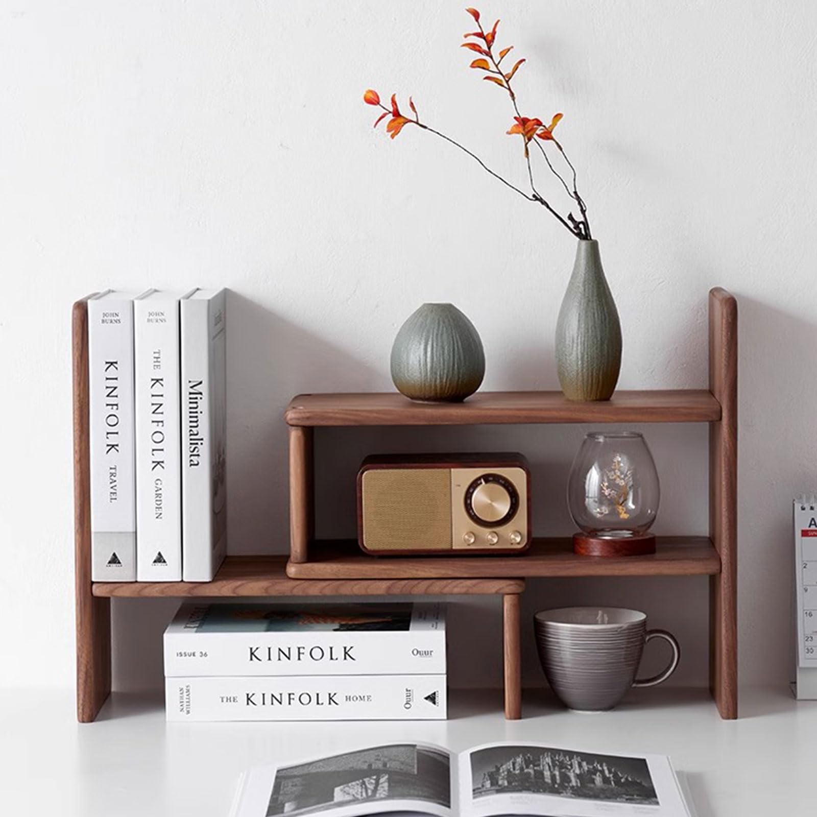 Regulowany mały serwis z książkami komputerowymi - Walnut Desktop Organizer Organizer Stojak do przechowywania biur - Rozszerzalne wyświetlacze szafy biurowe biurowe organizator biurka