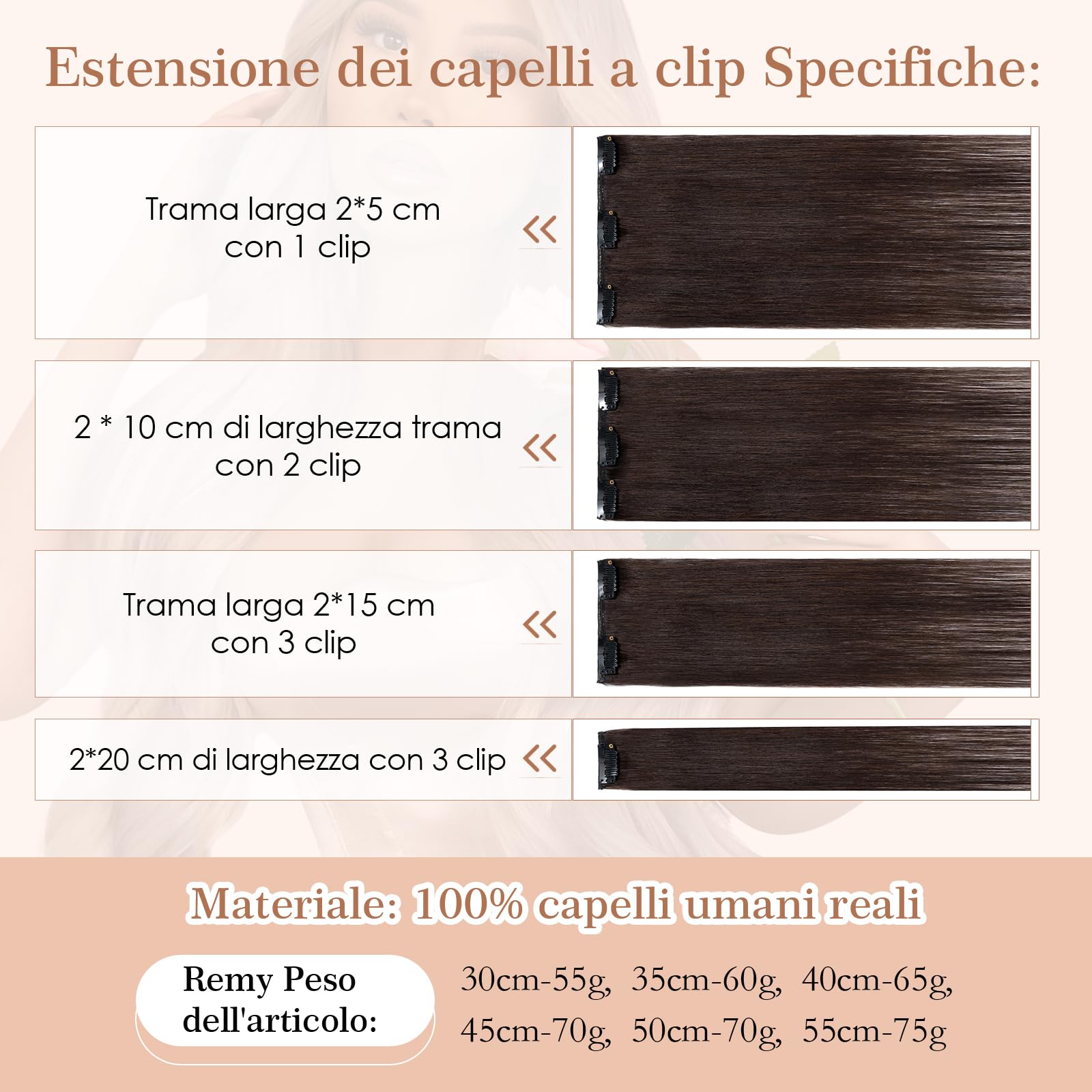 8pz Extension Capelli Veri Clip, 35cm Extension Clip Capelli Veri, 60g Remy Umani Naturali Capelli Extension Con Clip #2 Marrone Scuro