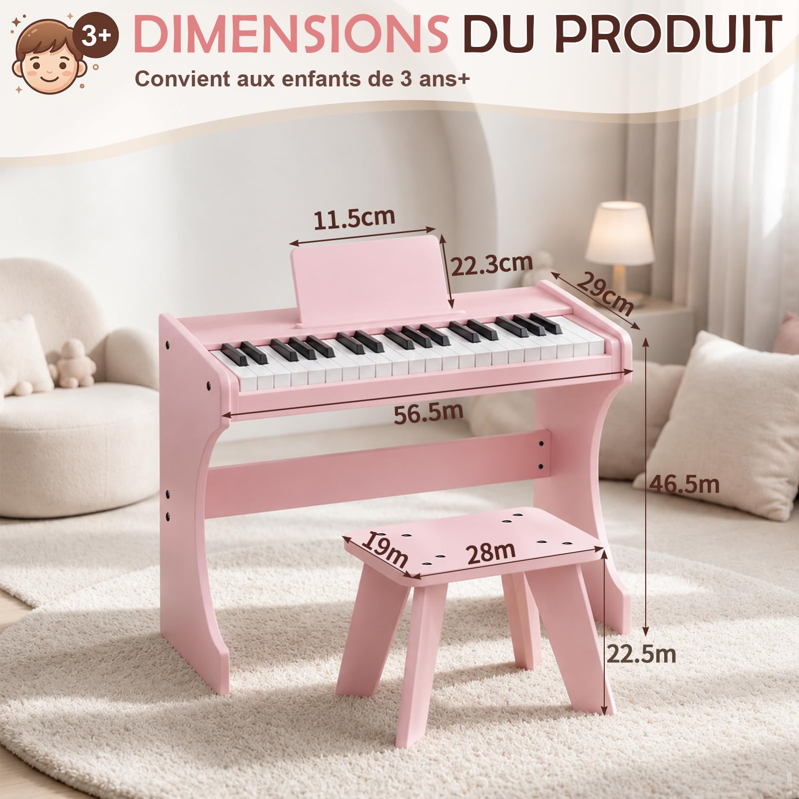 Piano Numérique Enfants 37 Touches, Instrument Éducatif de Musique (Rose)