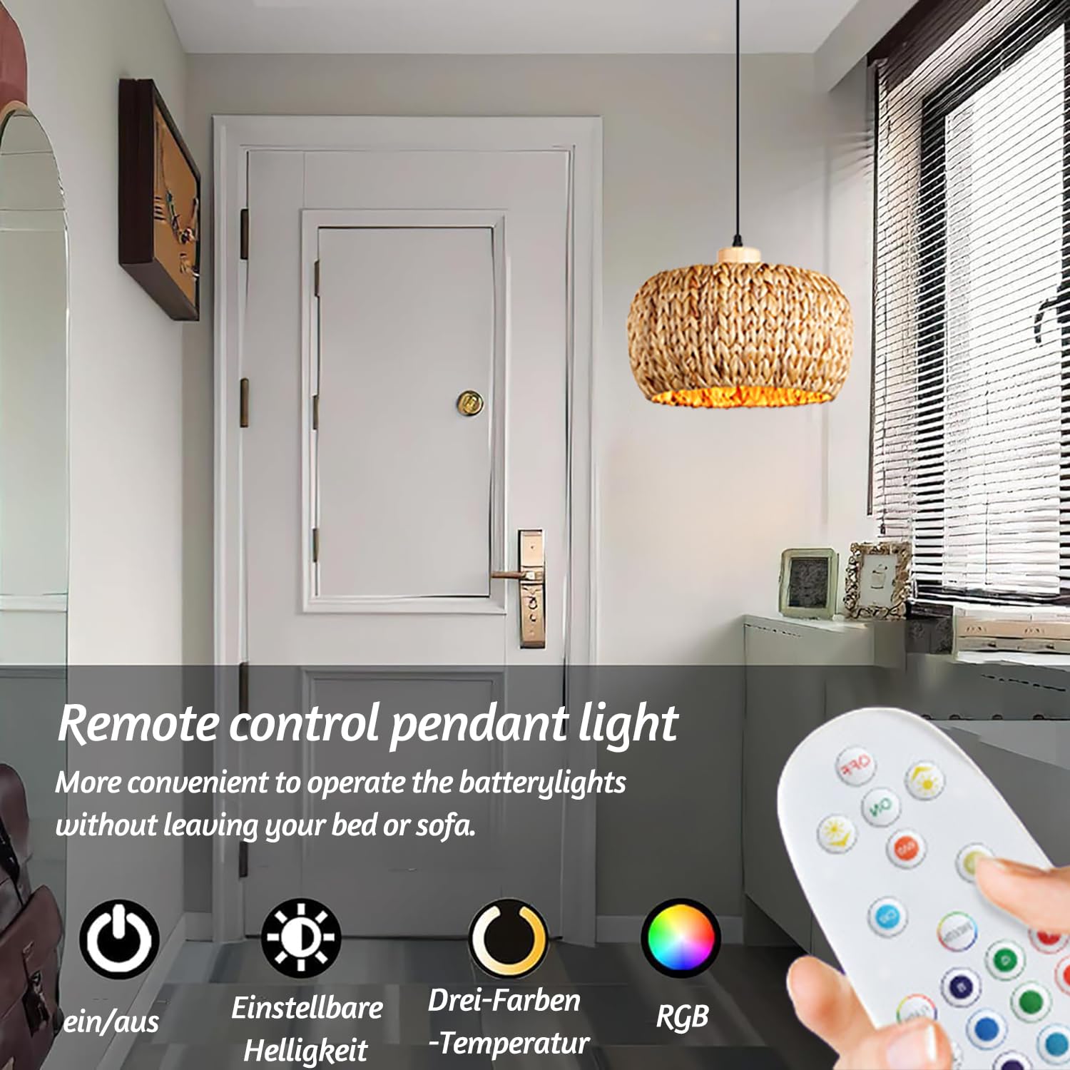 Lampada a Sospensione Boho in Rattan E27 con Batteria, Lampada a Sospensione Vintage in Bambù per Interni, Regolabile con Telecomando, Lampada a Sospensione con Lampadine RGB Ricaricabili per Sala da