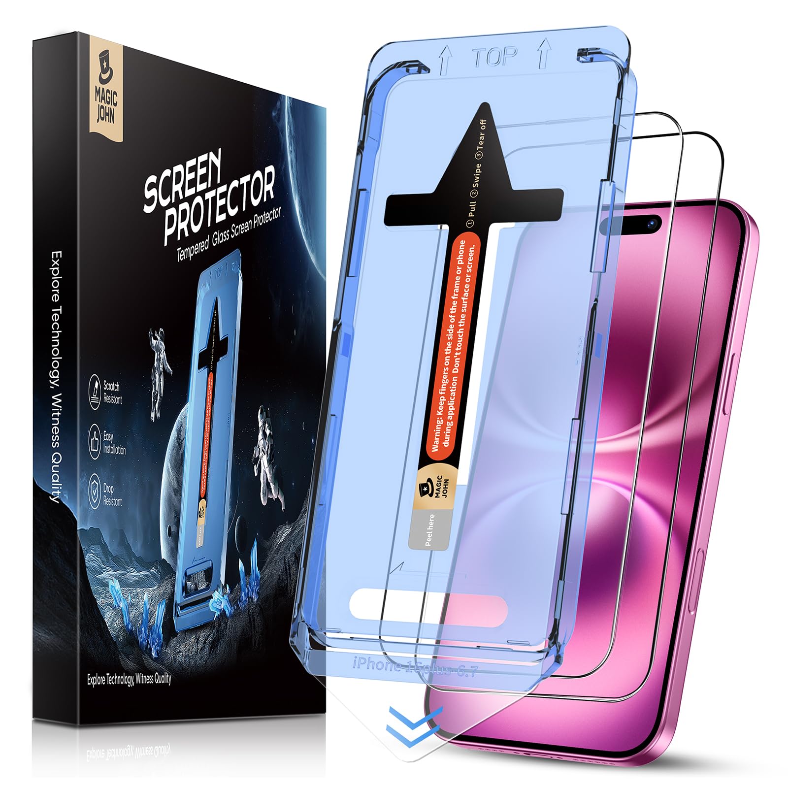 MAGIC JOHN 2 Pack for iPhone 15 Plus/iPhone 16 Plus 6.7 inch Tempered Glass Screen Protector, Bubble Free, HD Clear, Easy Installation