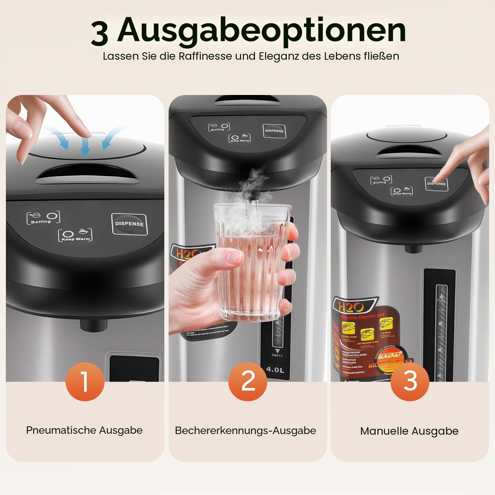 Elektrische Thermokanne 4 Liter Wasserspender Heißwasserspender Wasserkocher Teekanne 750 W Edelstahl Wasserkocher Thermoskanne Heisswasserspender (Schwarz)