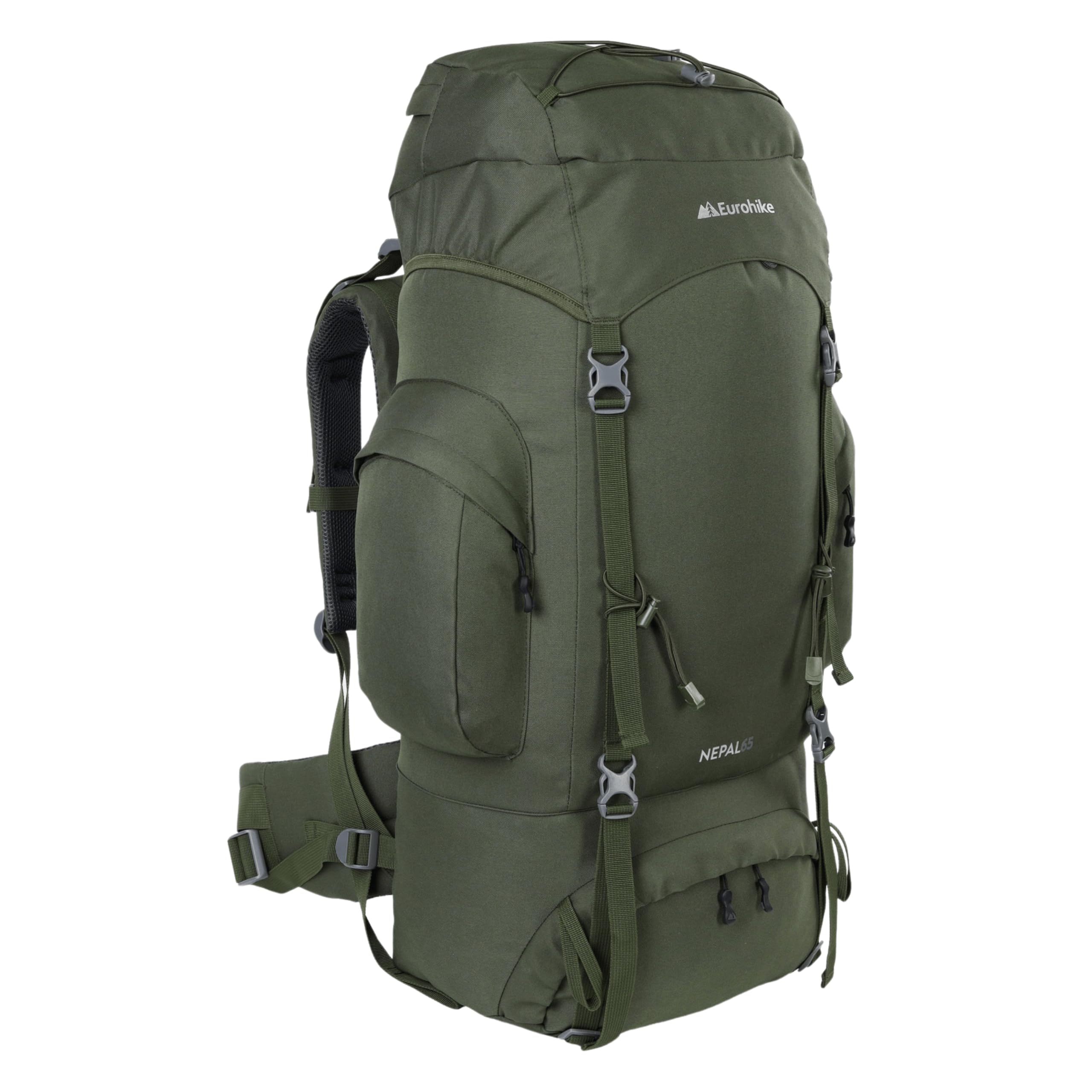 Eurohike Nepal 65 Litre Rucksack with Ventilated Back Panel & Padded Harness, Adjustable & Lightweight 65L Backpack, Bag for Men & Women, Camping, Hiking, Trekking, Travelling, Outdoors (Olive)
