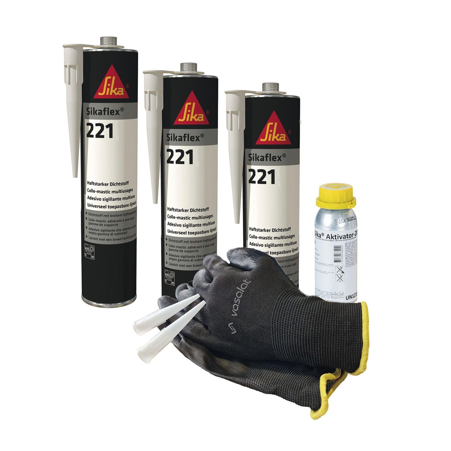 Sikaflex 221 weiß 3x 300ml Kleb- und Dichtstoff mit Aktivator 205 - ideal zur Abdichtung von Stahl und Aluminium mit 5 Düsenspitzen