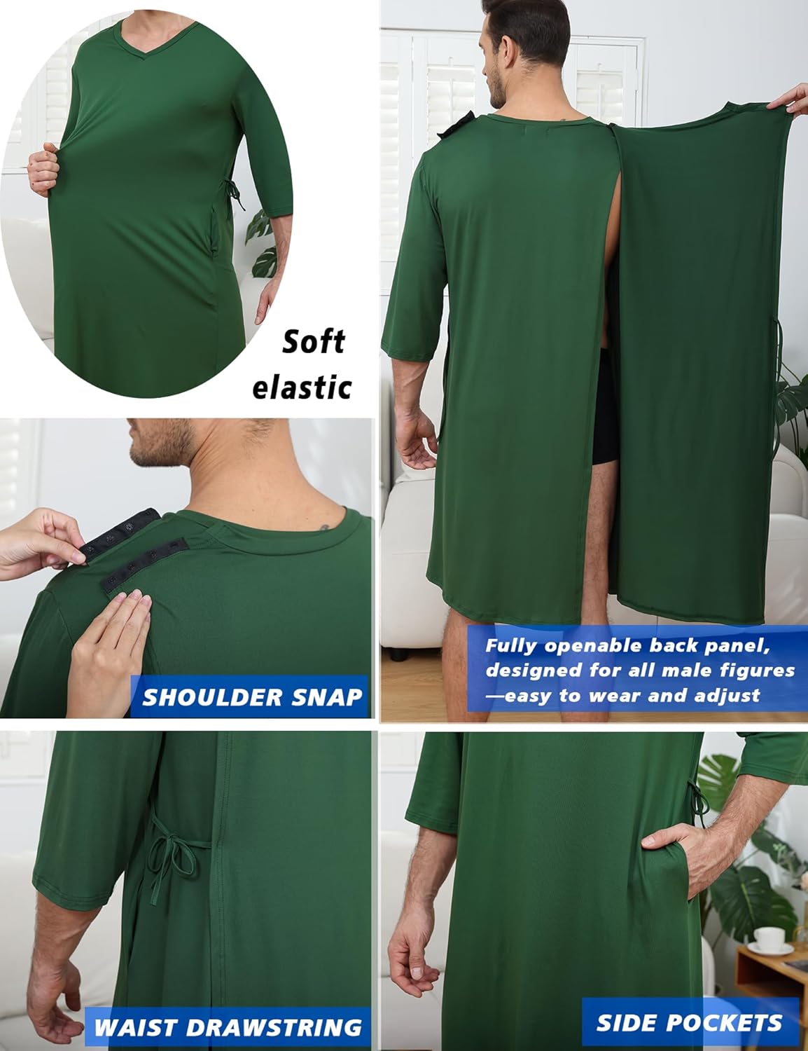Soft Elastic Men's Hospital Gown with Shoulder Snaps, Waist Drawstring, Side Pockets, Patient Gown for Men - Image 2