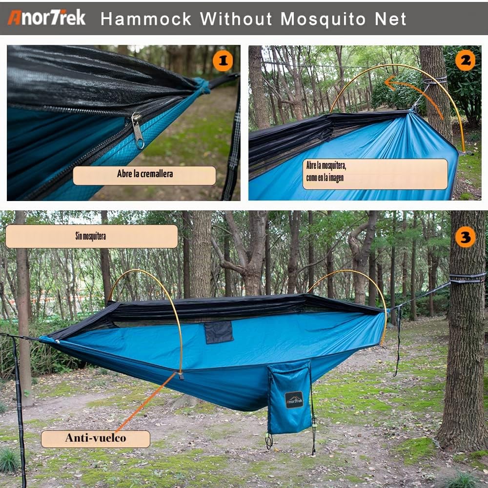 AnorTrek Hammock Profesional de Camping con Red de Mosquitos, Doble Hamaca Portátil Ligera con Dos Correas de Árbol de 3m, Hamaca de Nylon 230T para Acampar, Senderismo, Jardín, Mochilero.