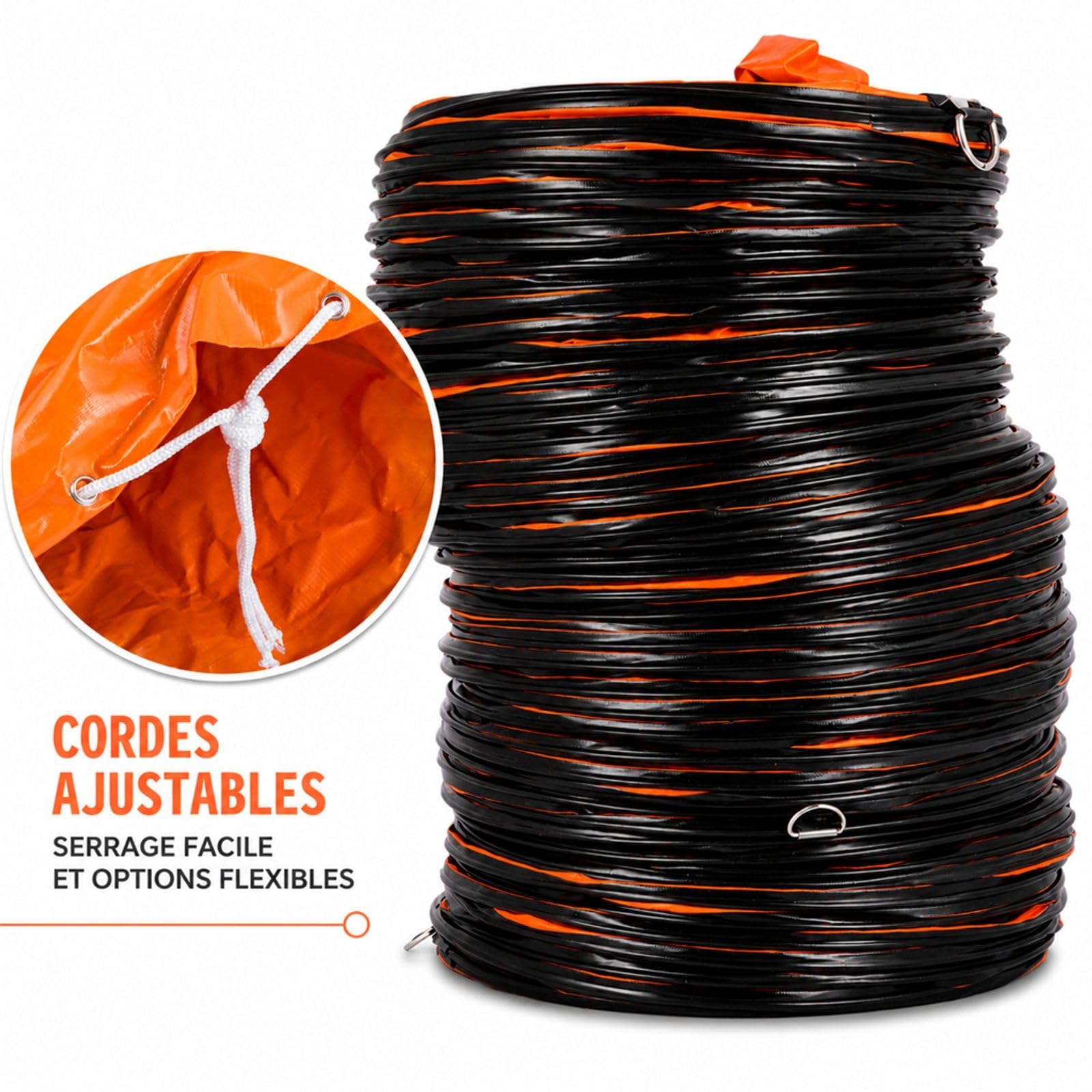 Gaine de ventilation flexible en PVC orange avec anneaux noirs pour extracteur d air et atelier