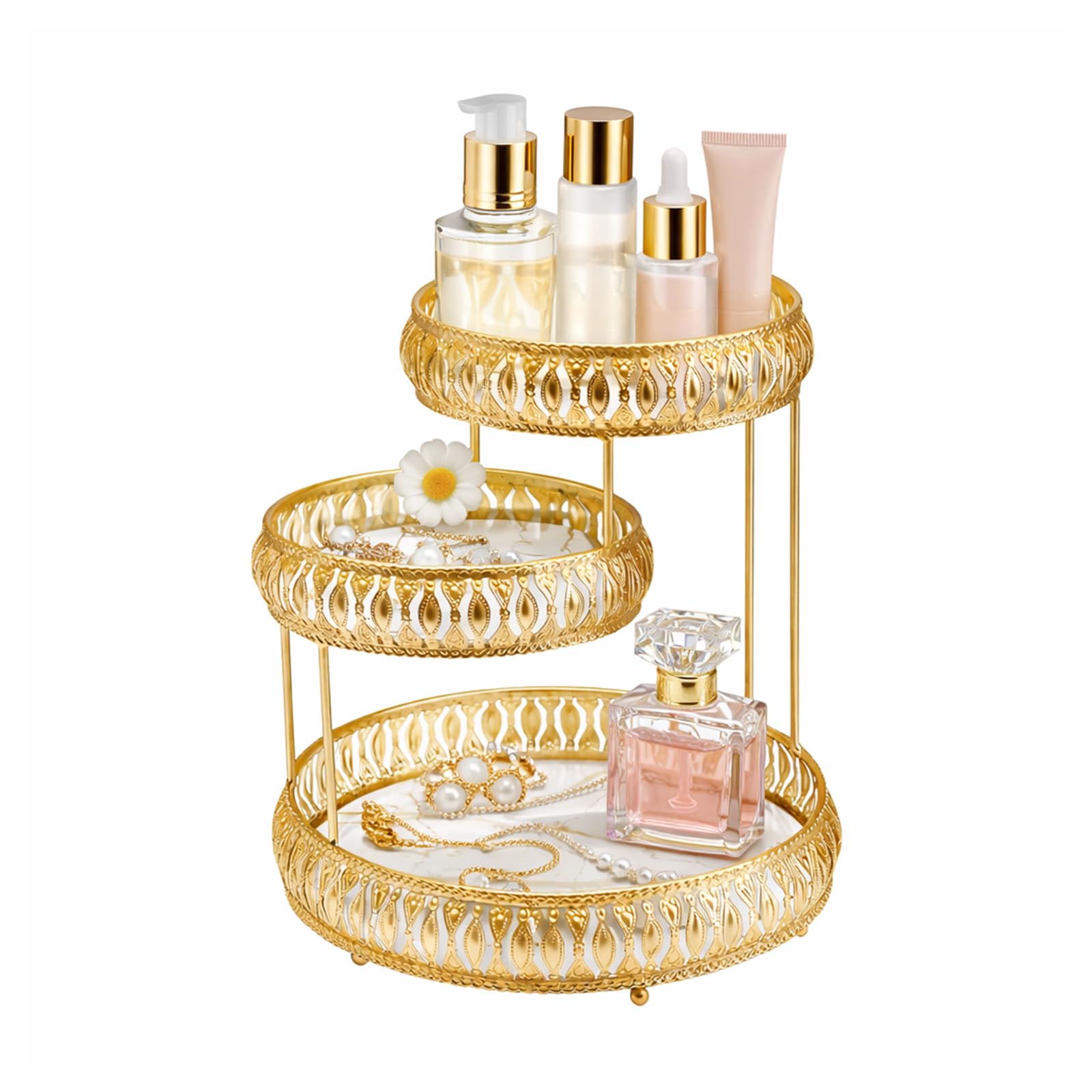 SUNNYNEST Makeup Organiser 3 Tier, Gold Metal Bathroom Storage Shelf with Trays, Vanity & Perfume Organiser, Countertop Make Up Organiser for Cosmetics, Skincare & Toiletries (White)