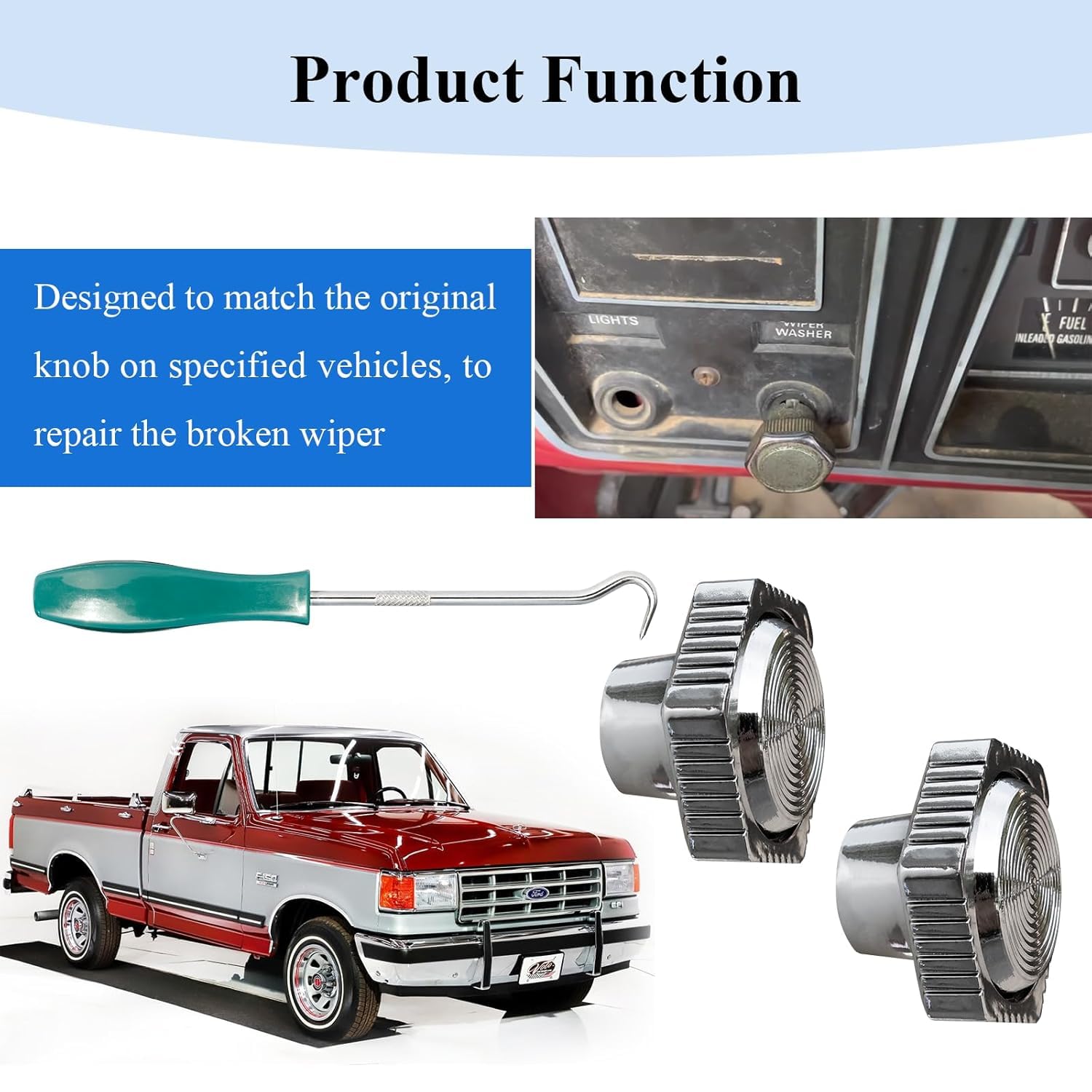 Wiper Switch Knob New, Fit for 1985 1986 1987 1988 1989 1990 1991 Ford F-100, F-150, F-250, F-350 Bronco Truck, Hexagon Knob Mounts to The Windshield Wiper Switch, 2 pcs Chrome