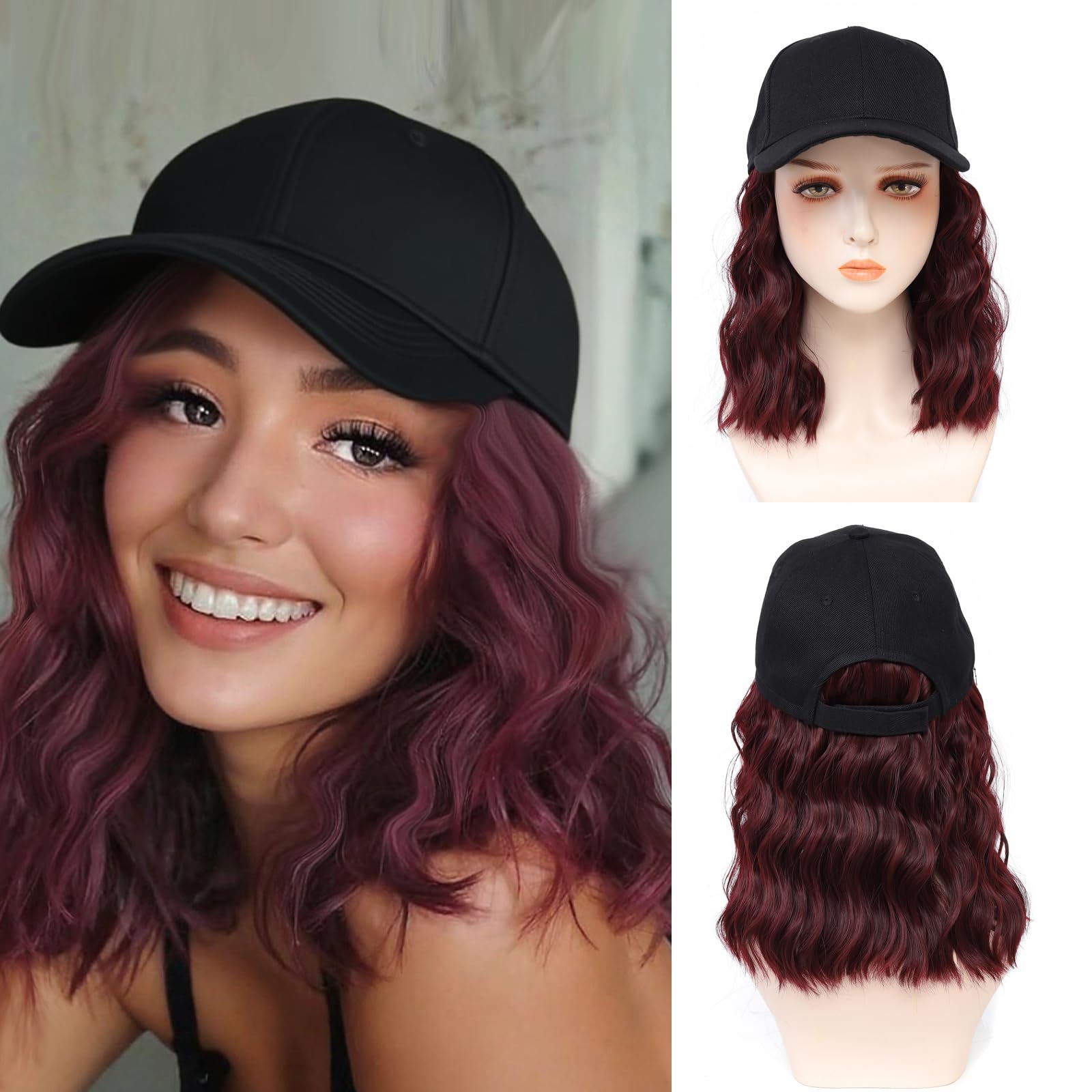 AliRobam Synthetic Wig Hat with Natural Wave Hair Extensions Attached for Woman Baseball Cap Wig Burgundy Short Curly Wavy Hairstyle Adjustable Easy