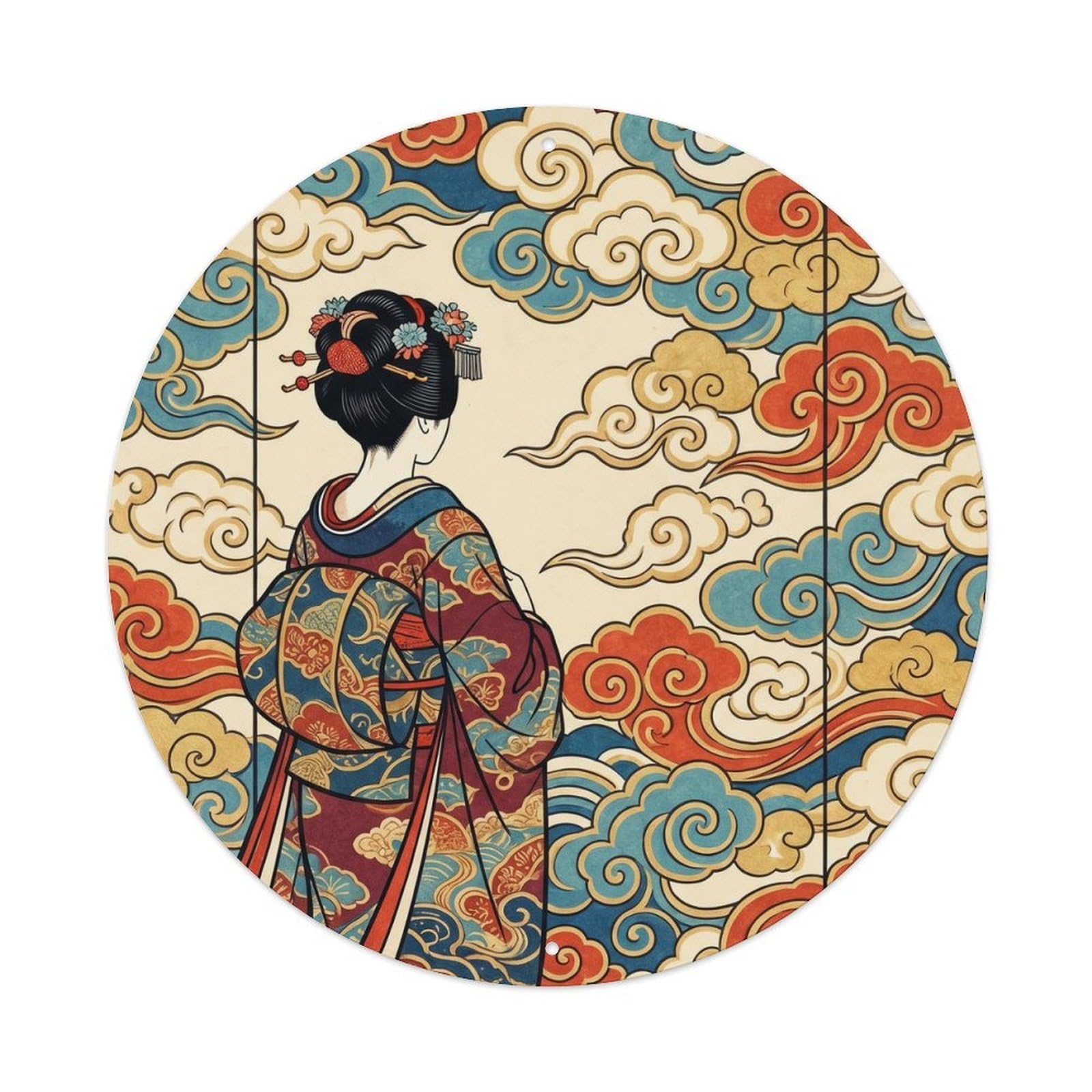 Galvaxio Style Japanese Kimono Woman Observing Cloud Pattern Ornament Metal Tin Sign