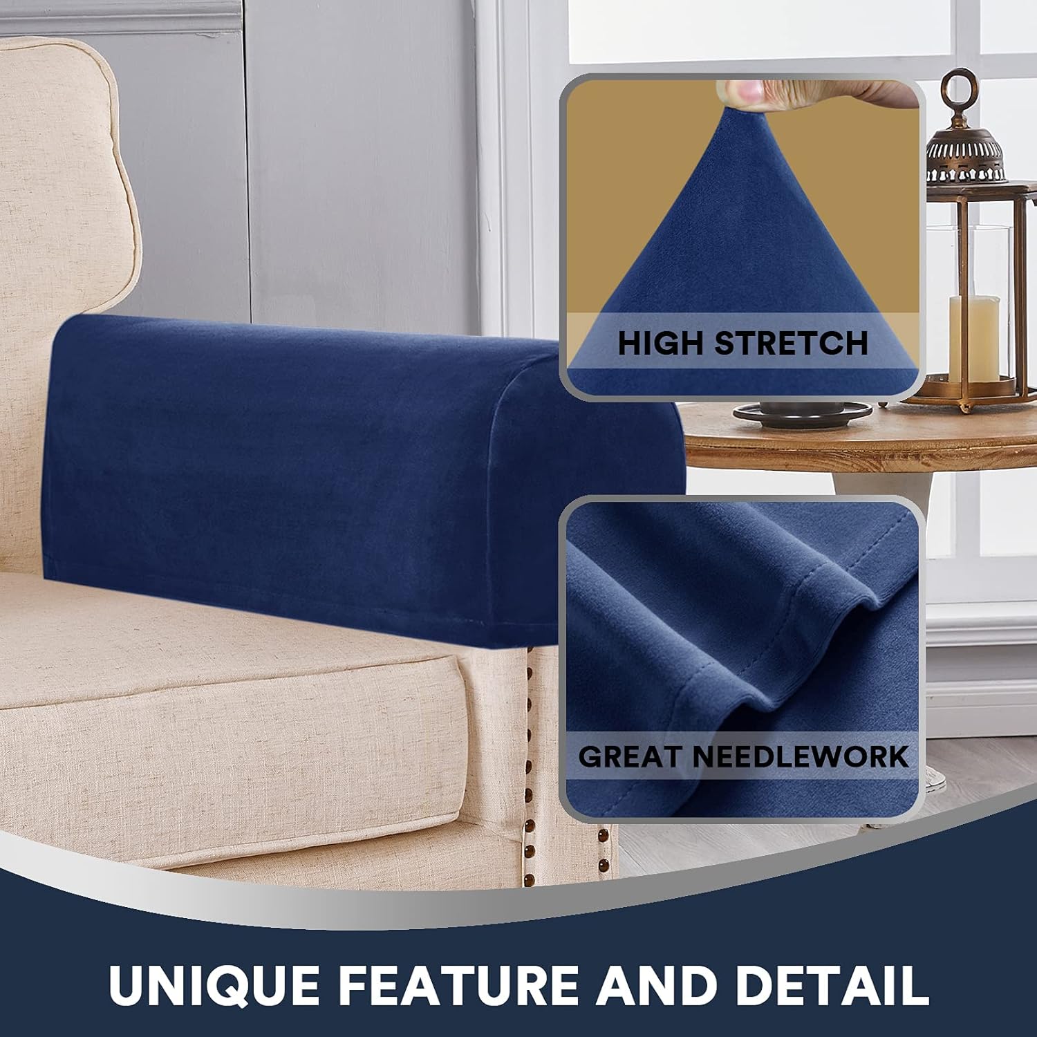 L.VICTEX Sofa Arm Covers - Velvet Plush Anti-Slip Couch Armrest Protectors, Set of 4, Navy