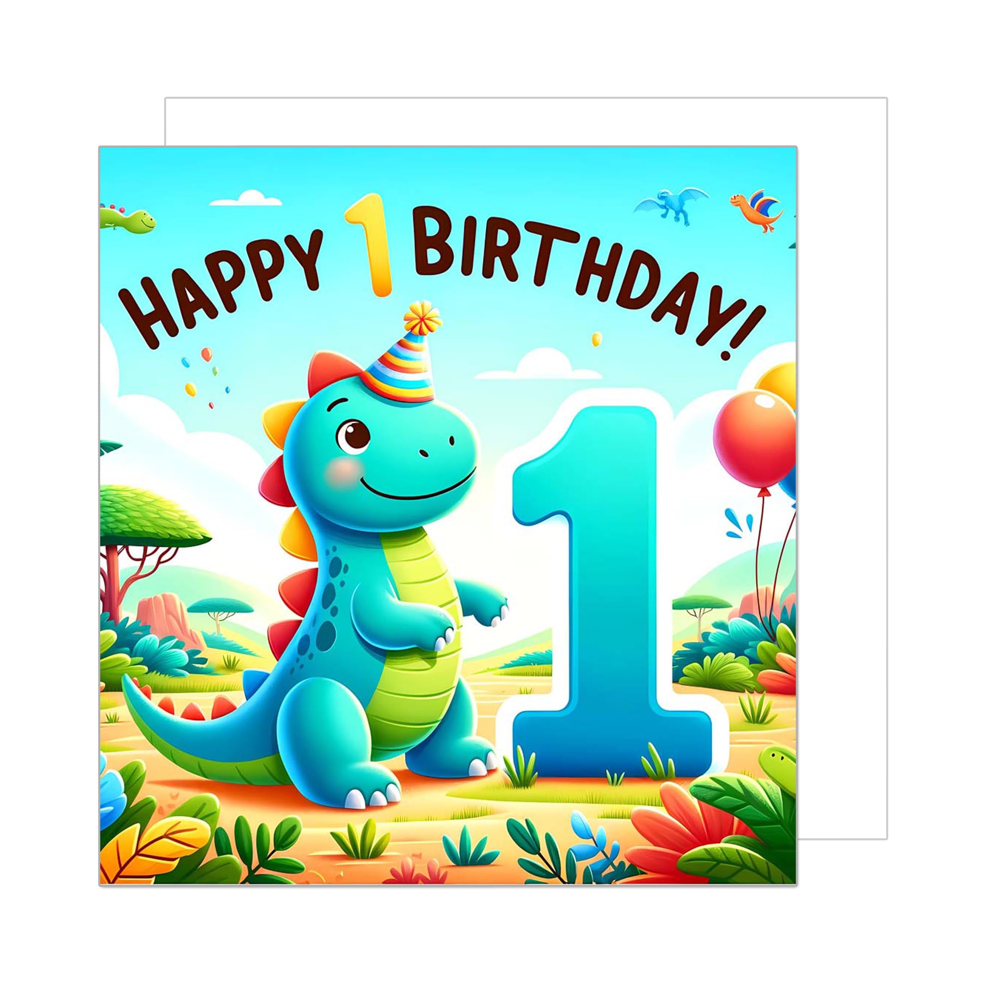Edition Seidel Premium Square 1st Birthday Card with envelope. Greeting Happy Birthday for girl boy kids children party funny humour dino (GQ260 SW024
