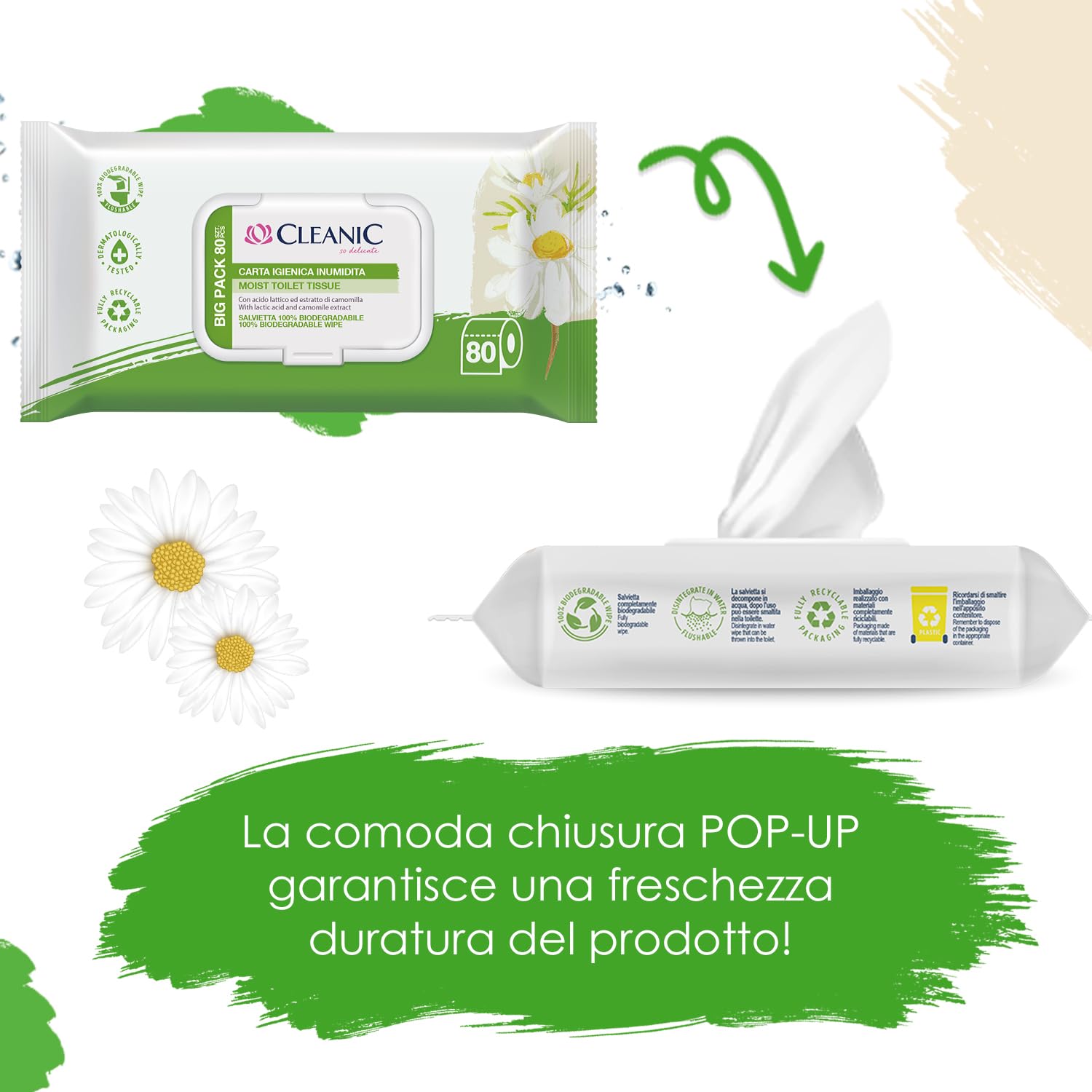Cleanic Carta Igienica Umidificata - (80 Pezzi) Carta Igienica - Con estratto di camomilla, lavabile, salviette per pulizia intima, delicate pelle sensibile - 80 Pezzi