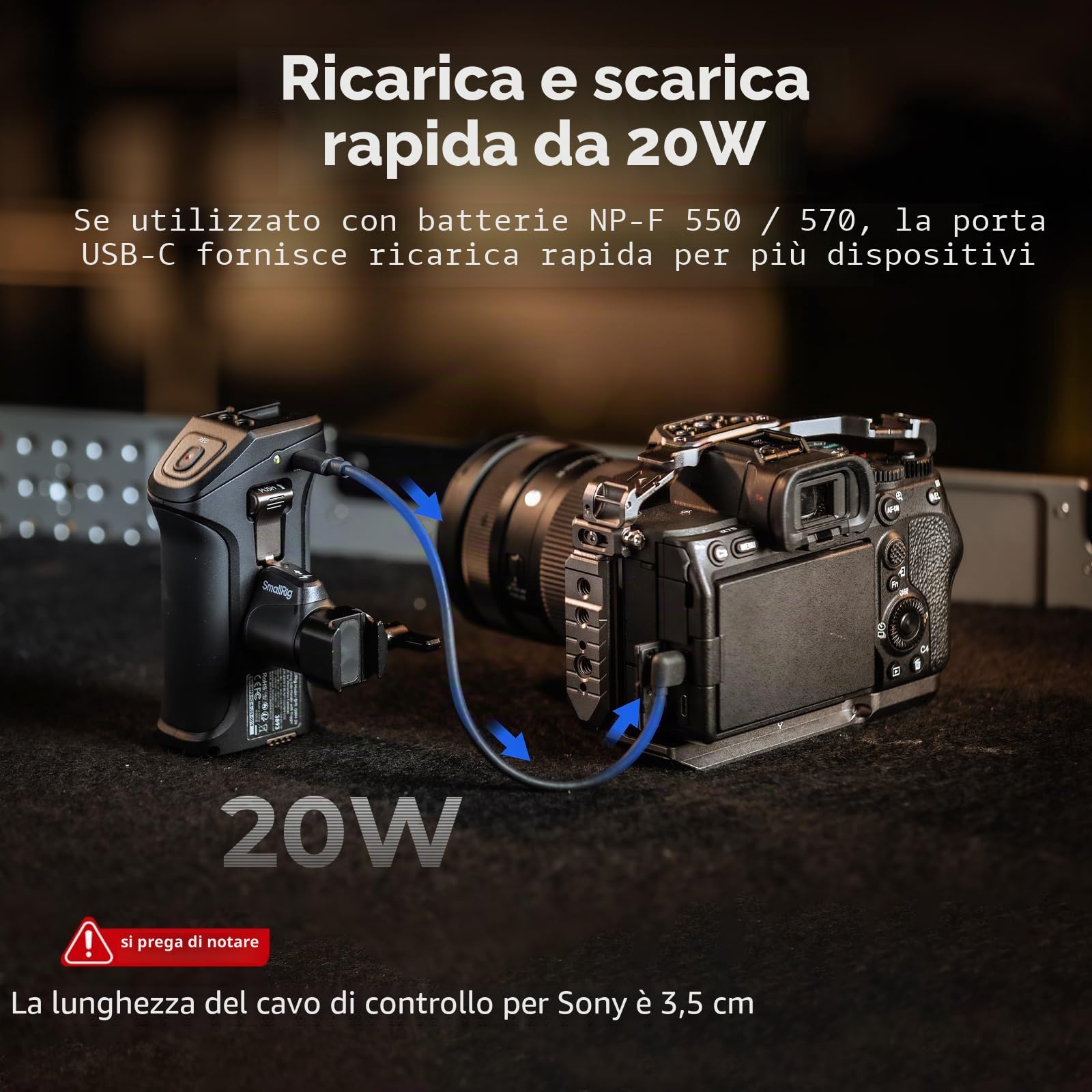 SMALLRIG Maniglia laterale girevole con Trigger Rec per fotocamere mirrorless selezionate, per Sony Alpha 7 IV/Alpha 7R V / A7 III / FX3 / Alpha 9, compatibile con batteria F550/570, controllo