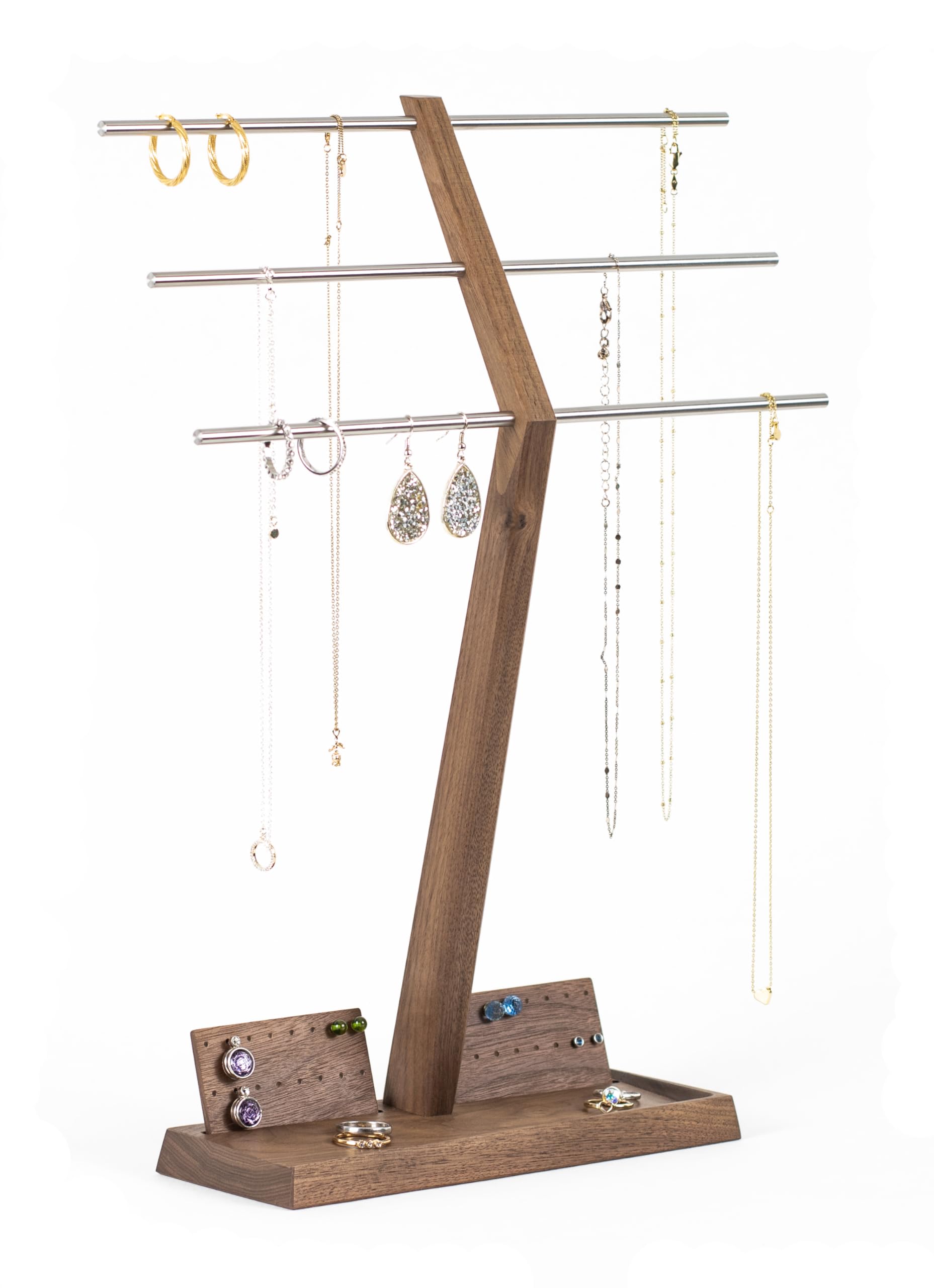 Wood and Steel Design – Schmuck Organizer für Ketten, Ringe, Ohrringe, Ketten, Halsketten und Armbänder, 4 Ebenen, Nussbaum Massivholz/Edelstahl