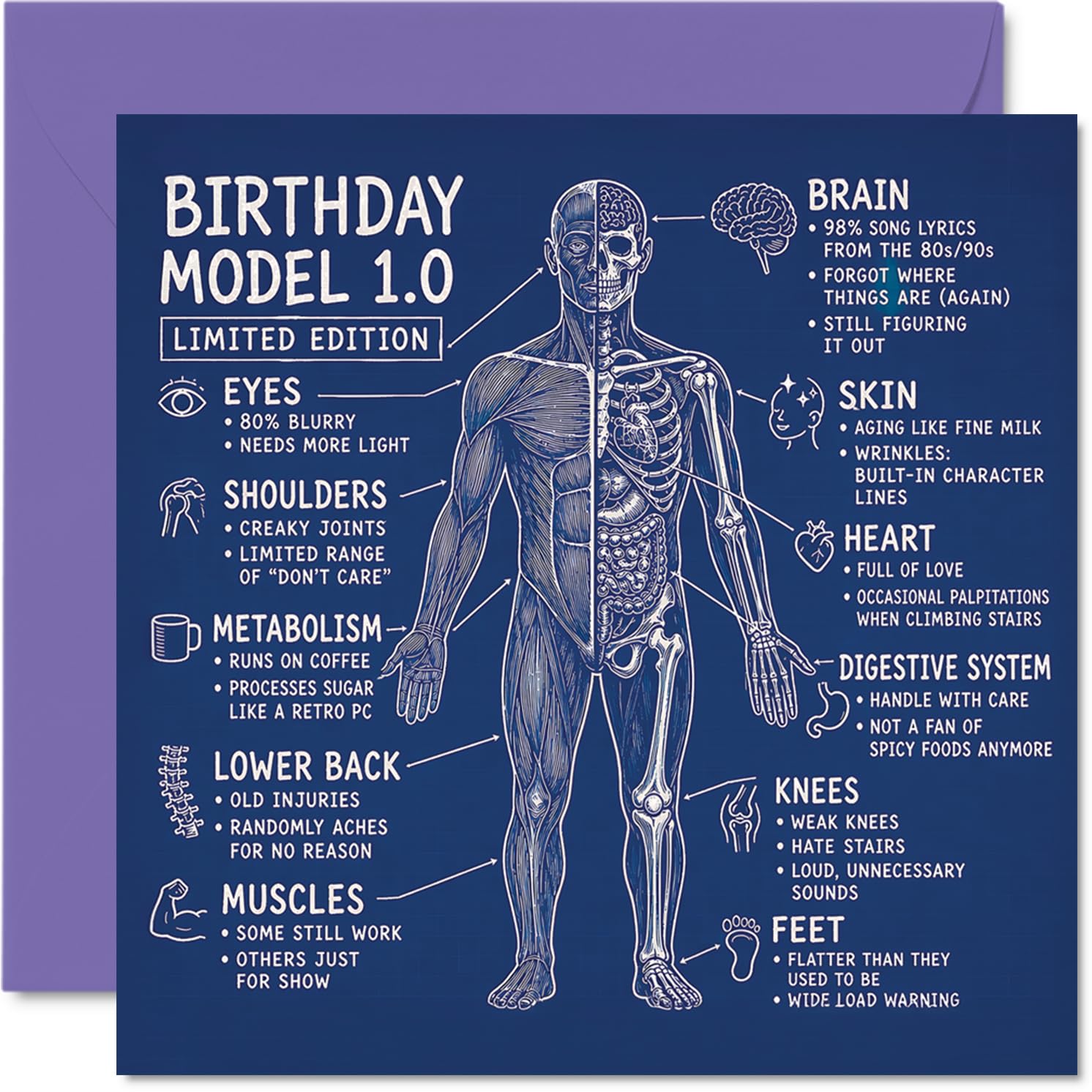 Funny Birthday Card - Light-hearted Banter on Ageing - Anatomy Model with Witty Birthday Notes - Playful Twist for Milestone Celebrations - 145mm Square, Envelope Included