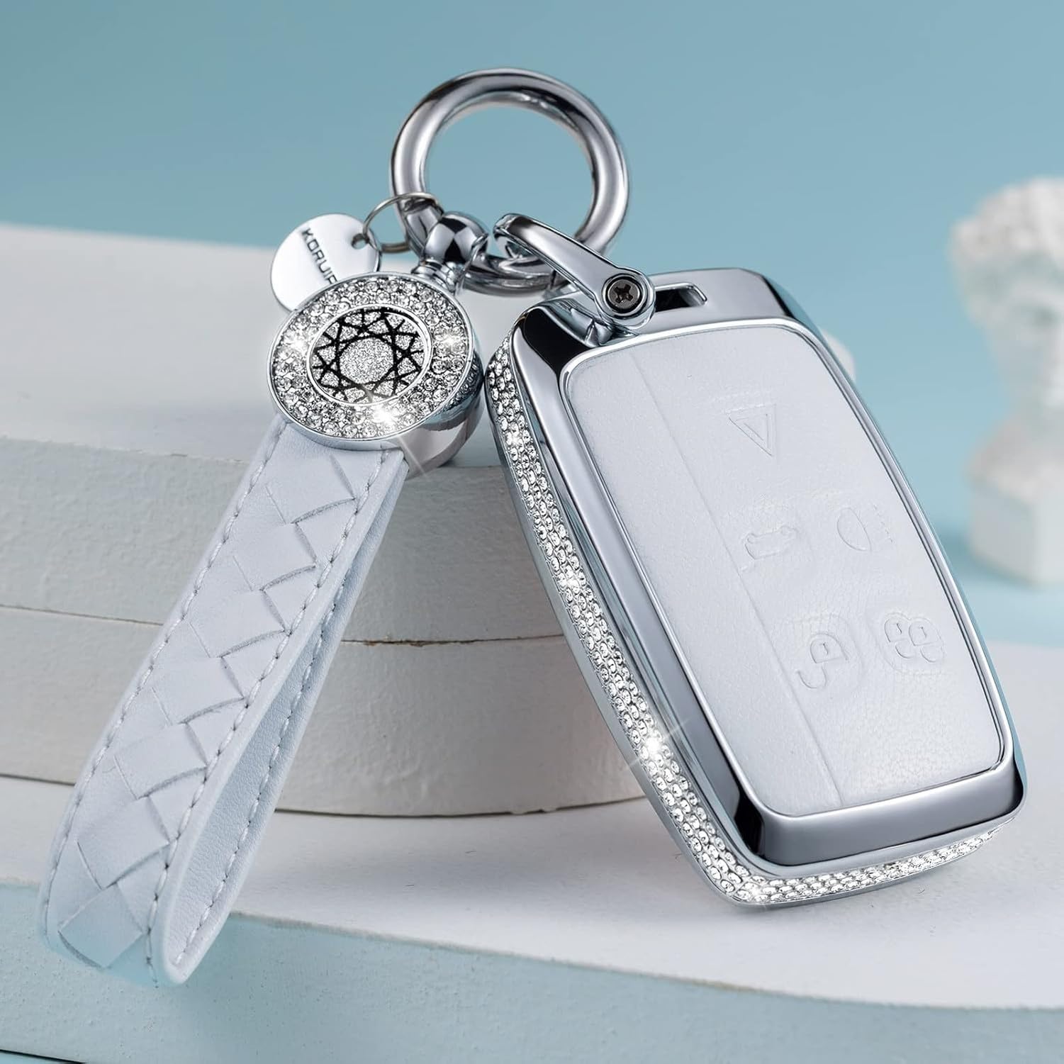 KGAIXN Pink Faux Leather Car Key Fob Cover with Keychain, for Land Rover Discovery Sport Evoque Velar Jaguar F-Pace XE XF F-Type XJ, model1-white, model1-white