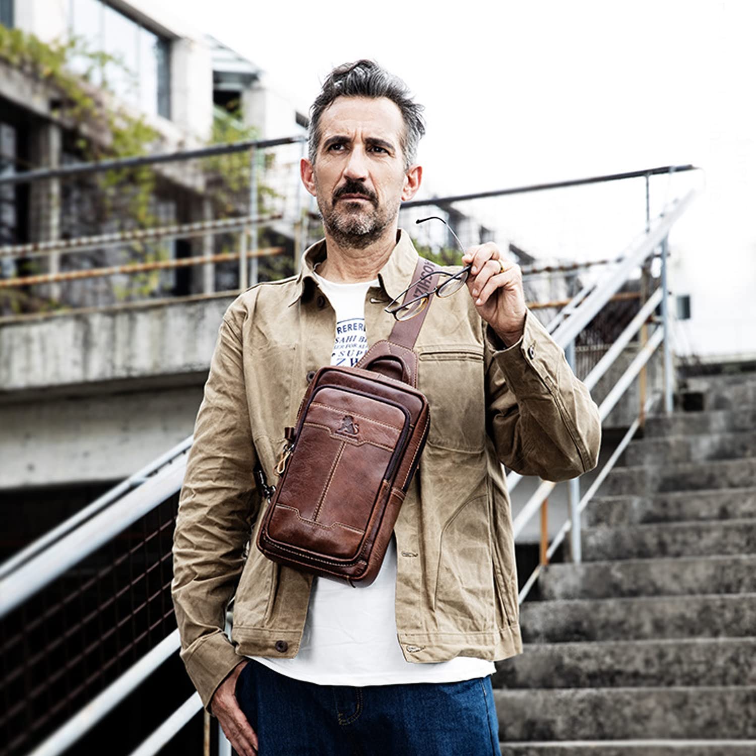 FANDARE Zaino A Tracolla In Vera Pelle Per Uomo, Stile Vintage Con Cintura Regolabile, Borsa A Tracolla Toracica Per Escursionismo, Ciclismo, Viaggi E Campeggio