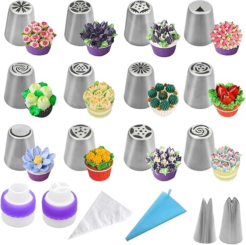 Juego de puntas de flores rusas, 47 piezas de decoración de pasteles y cupcakes, 12 boquillas de glaseado, 2 puntas de hojas, 30 bolsas de