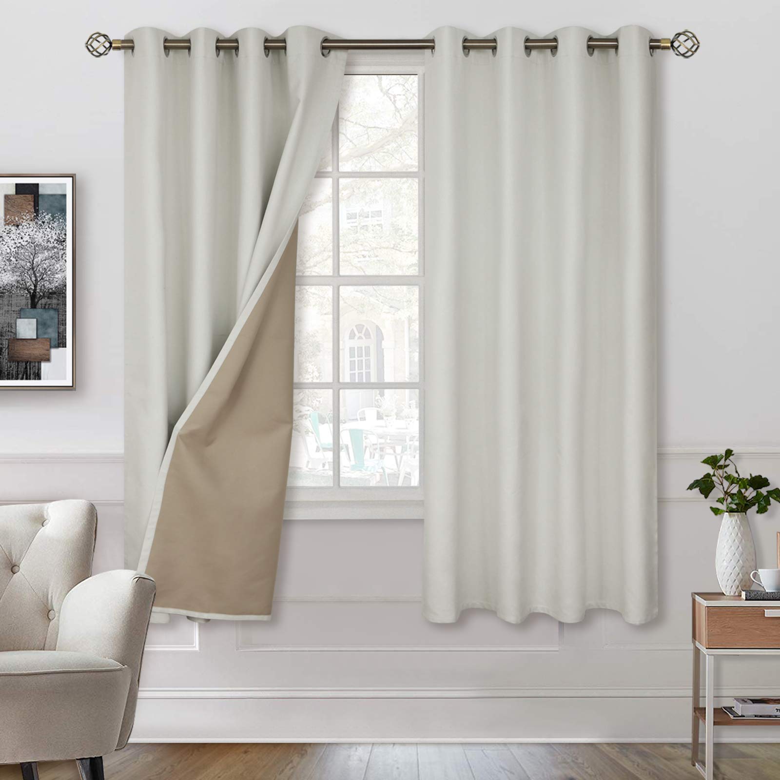 BGment 100% Blackout Curtains with Liner for Bedroom, Grommets Thermal Insulated Textured Linen Lined Curtains for Living Room (52 x 63 Inches, 2 Panels, Ivory White)