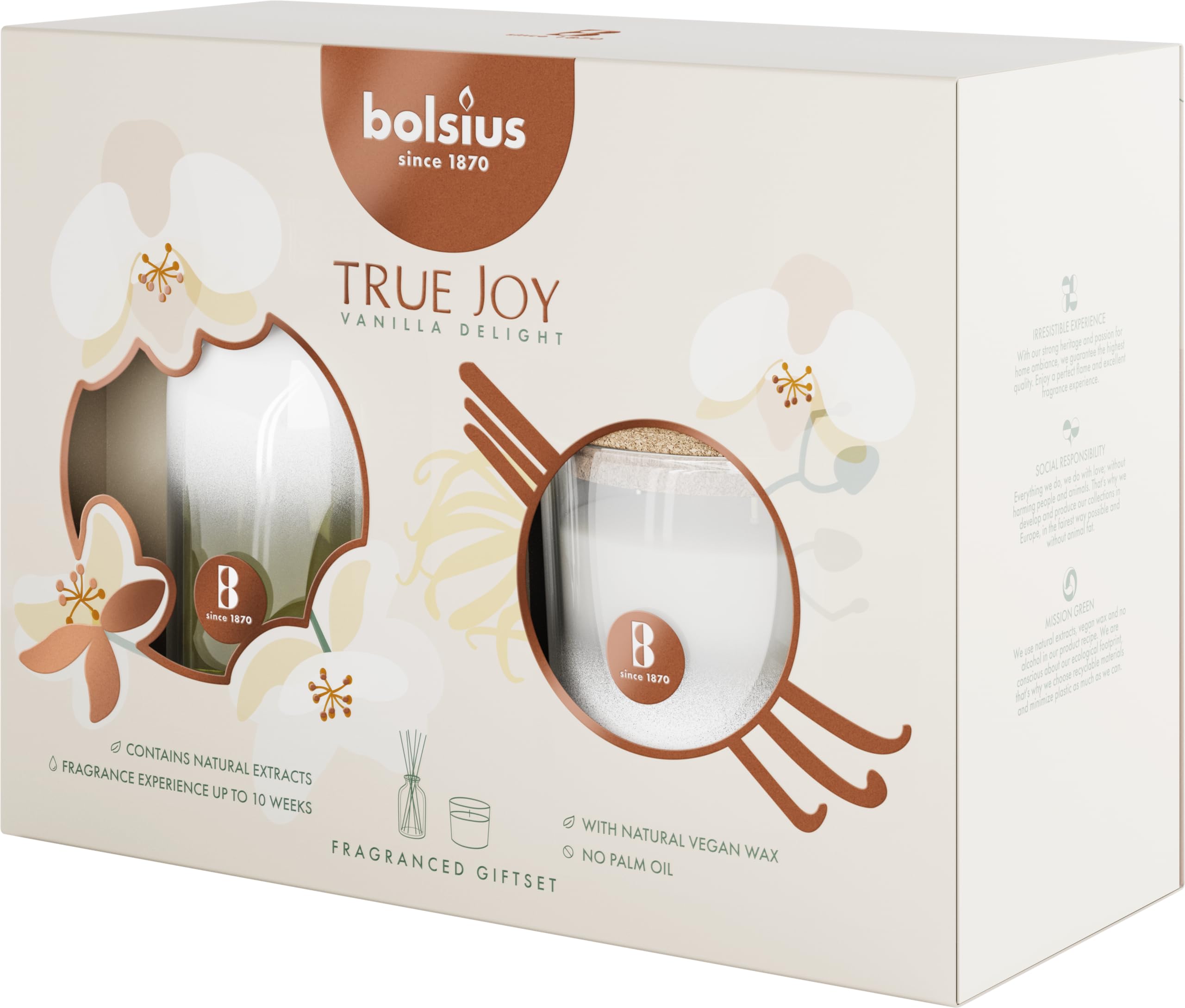 Bolsius - True Joy Set regalo – Candela profumata e bastoncini profumati – Vanilla Delight – Candele decorative per la casa – Lunghezza durata – Contiene cera vegetale naturale – Senza olio di palma