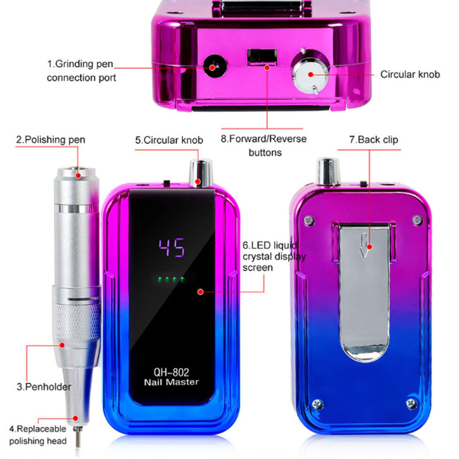 Trapano per unghie ricaricabile a batteria 45000 giri/min, lima per unghie elettrica portatile con display LCD a conchiglia RGB sfumato, per rimozione gel acrilico salone,colorful blue