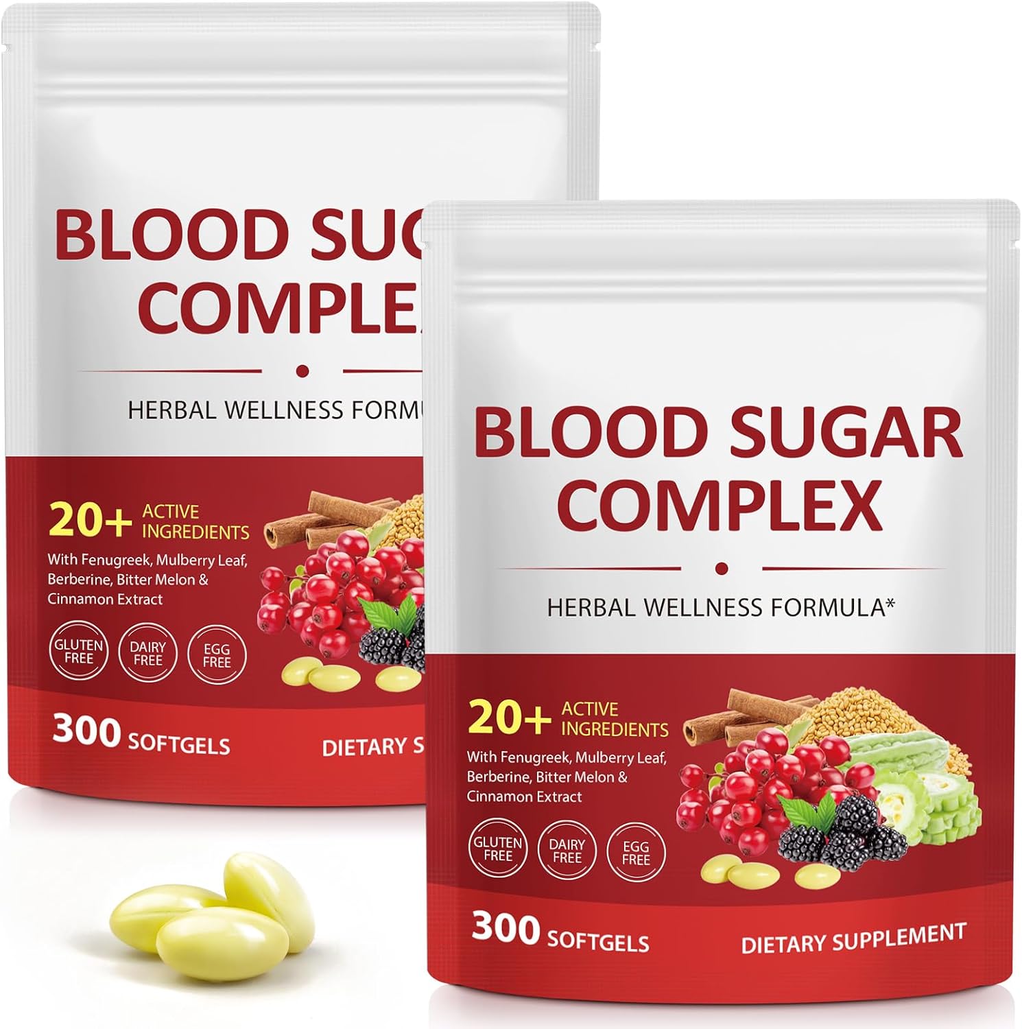 2Pack/300 Softgels Blood Sugar Complex Supplement | 20+ Active Natural Herbs-Cinnamon, Bitter Melon, Mulberry Leaf, Fenugreek, Berberine, Vitamins for Energy Level, Vitality Support | Clean