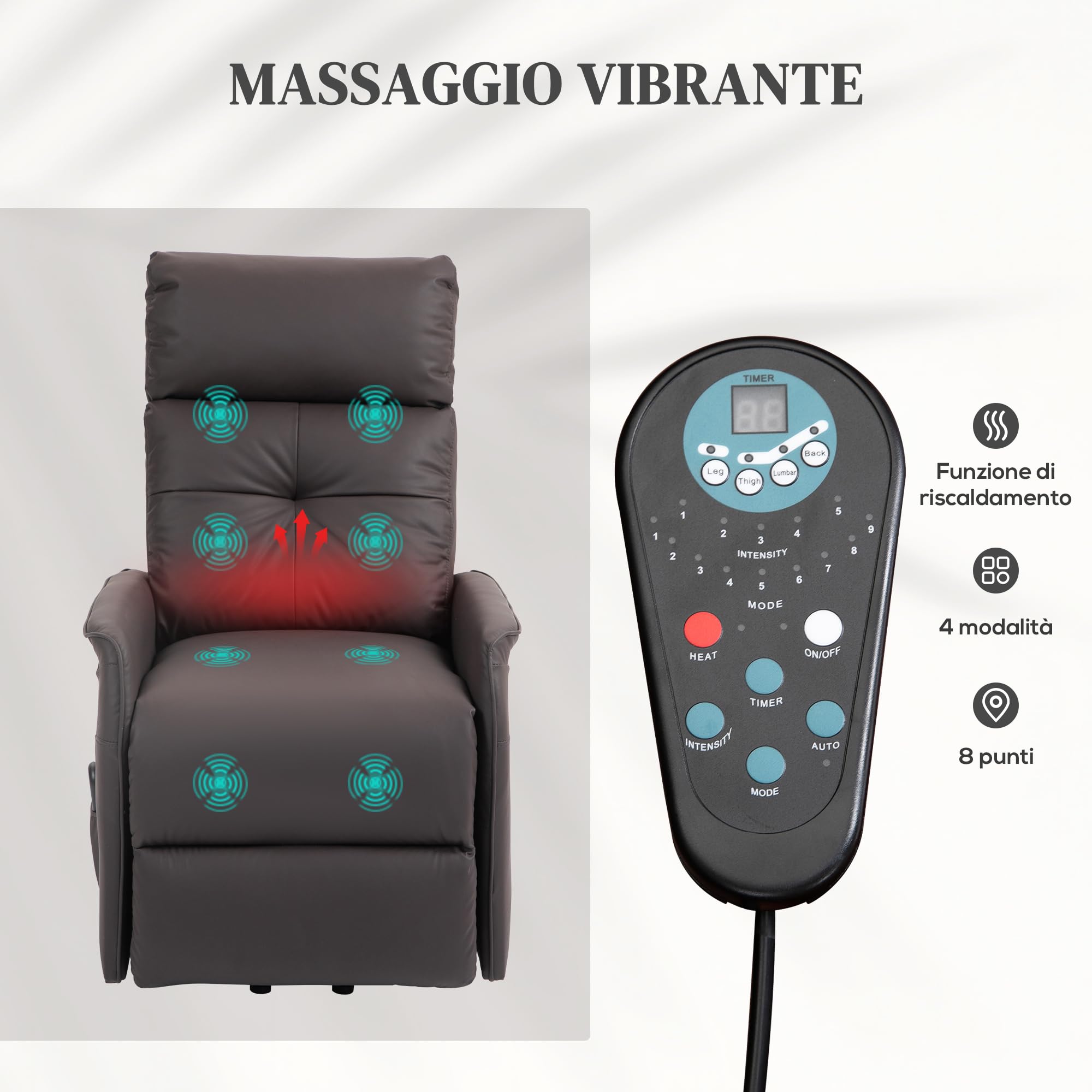 HOMCOM Poltrona Elettrica Alzapersona Reclinabile in Tessuto, Poltrona Relax Elettrica (Tessuto antigraffio (60% poliuretano, 40% poliestere), Marrone scuro, 67L x 89P x 102A cm)