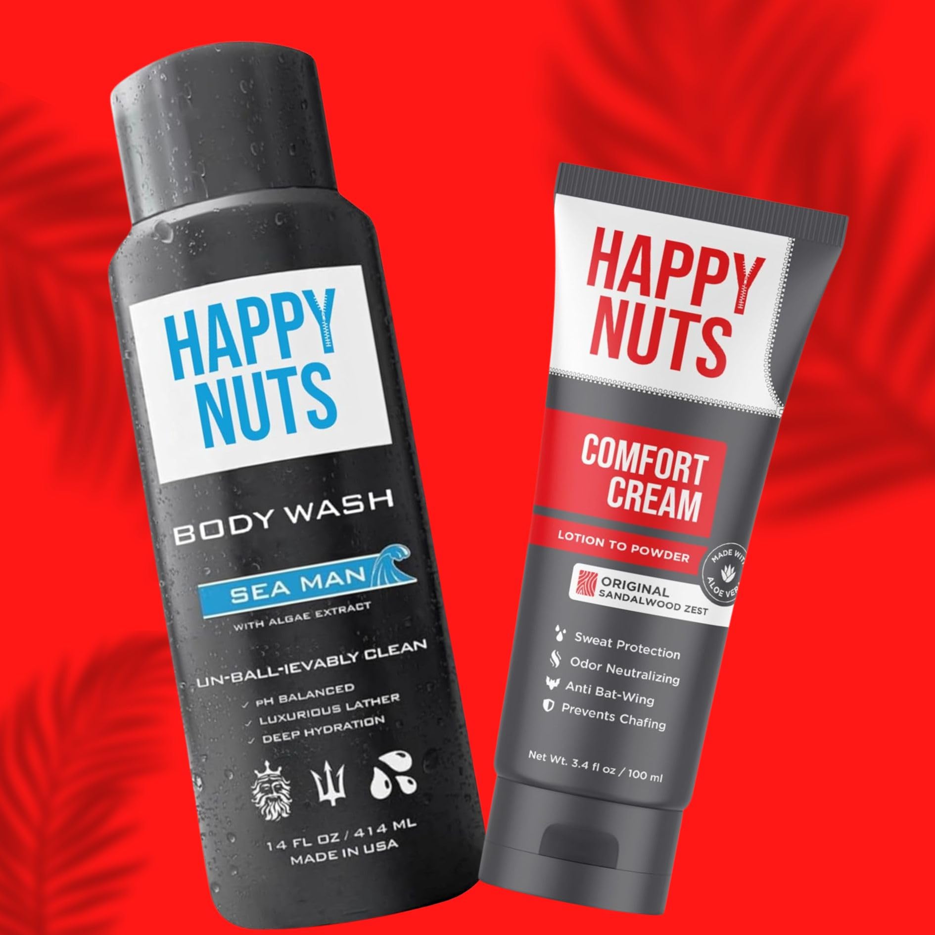 HAPPY NUTS Comfort Cream and Sea Man Body Nut Wash Bundle - Anti-Chafing Sweat Defense and a Men's Shower Gel Body Wash
