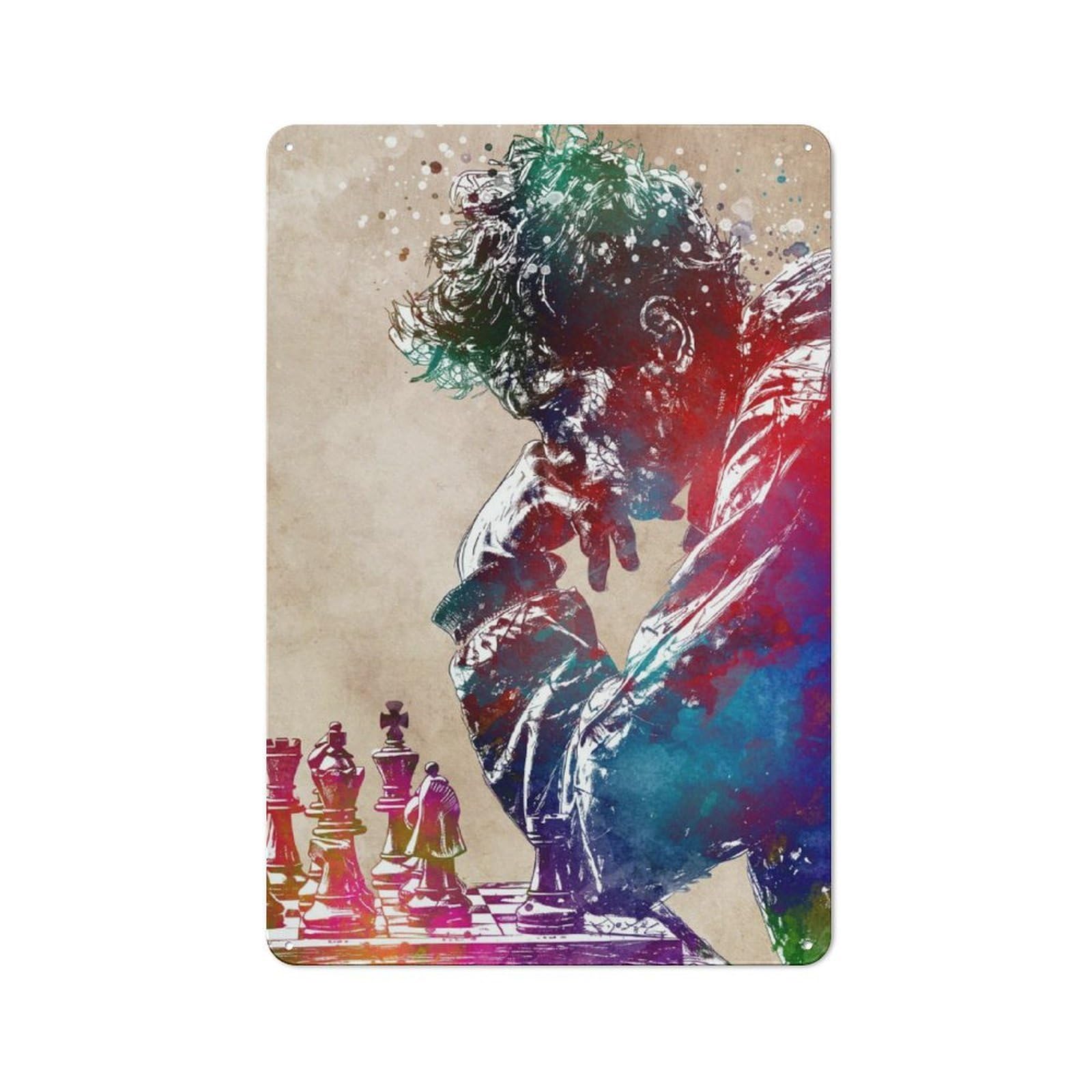 Junmoney Chess Player Watercolor Metal Sign 30X20cm With For Pub Or Café, Vintage Decor, For Metal Sign Collectors, For Garage And Workshop Walls