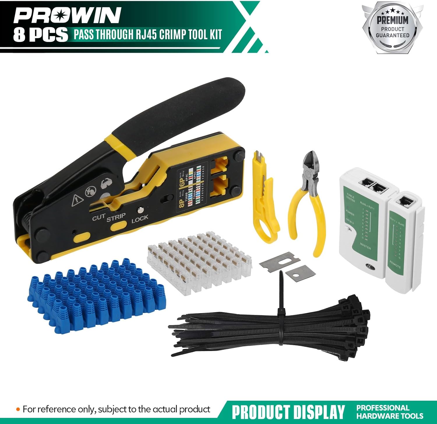 Prowin Pass Through RJ45 Crimper Kit with Cable Tester, Ethernet Crimping Tool for Cat5 Cat5e Cat6 Cat6a & RJ11 RJ12 Connectors (Includes Stripper, Blades) Professional Network Tool Set