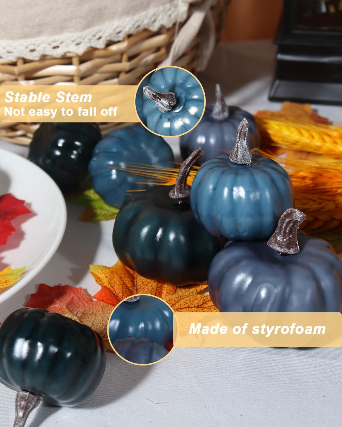 30 Pack Mini Dark Blue Artificial Pumpkins, Mixed Sizes for Fall Decor image 3