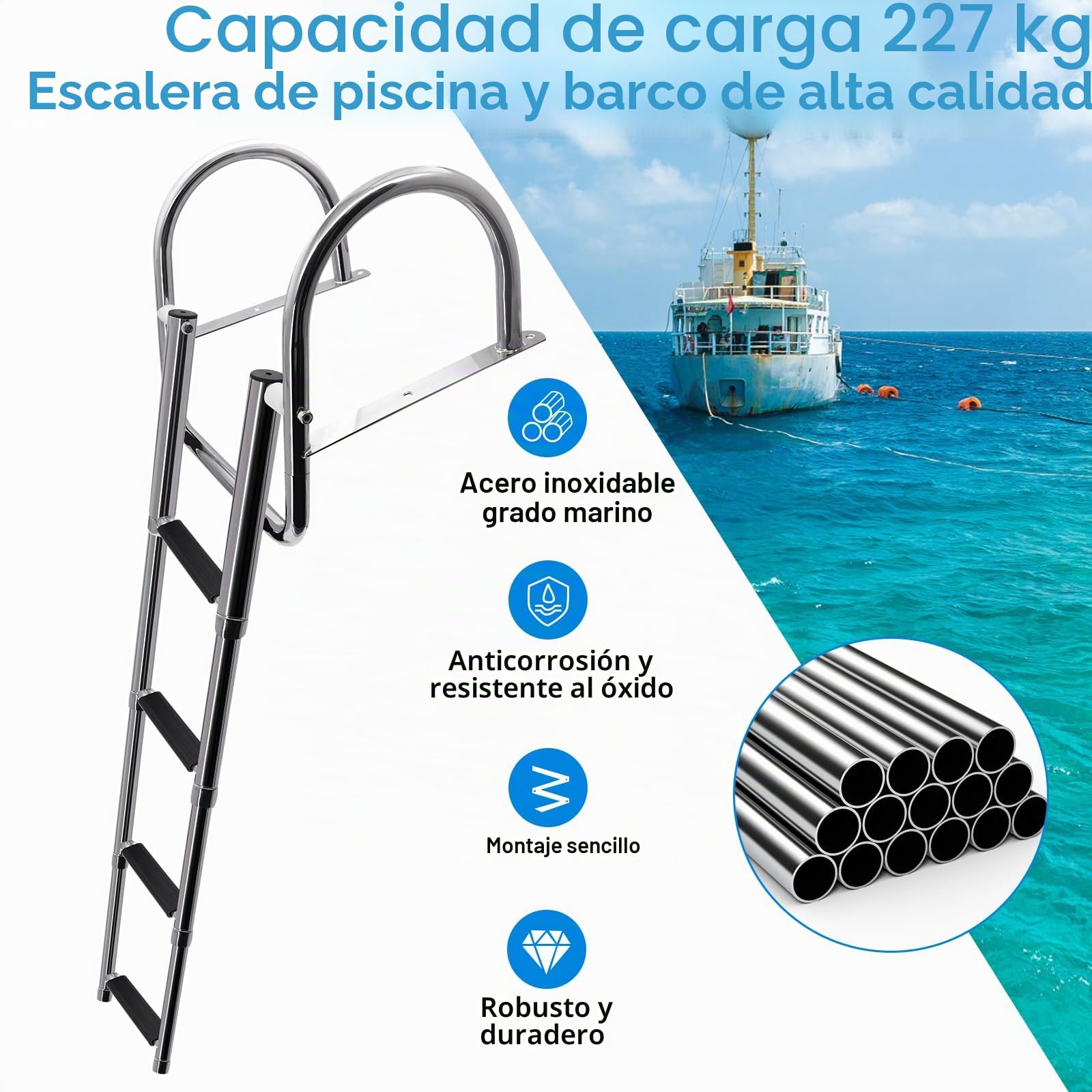 KAOLALI Escalera de 4 Peldaños para Piscina Barco, Acero Inoxidable, Plegable, Telescópica, con Pasamanos Grandes y Peldaños Anchos, Capacidad de Carga de 227 kg