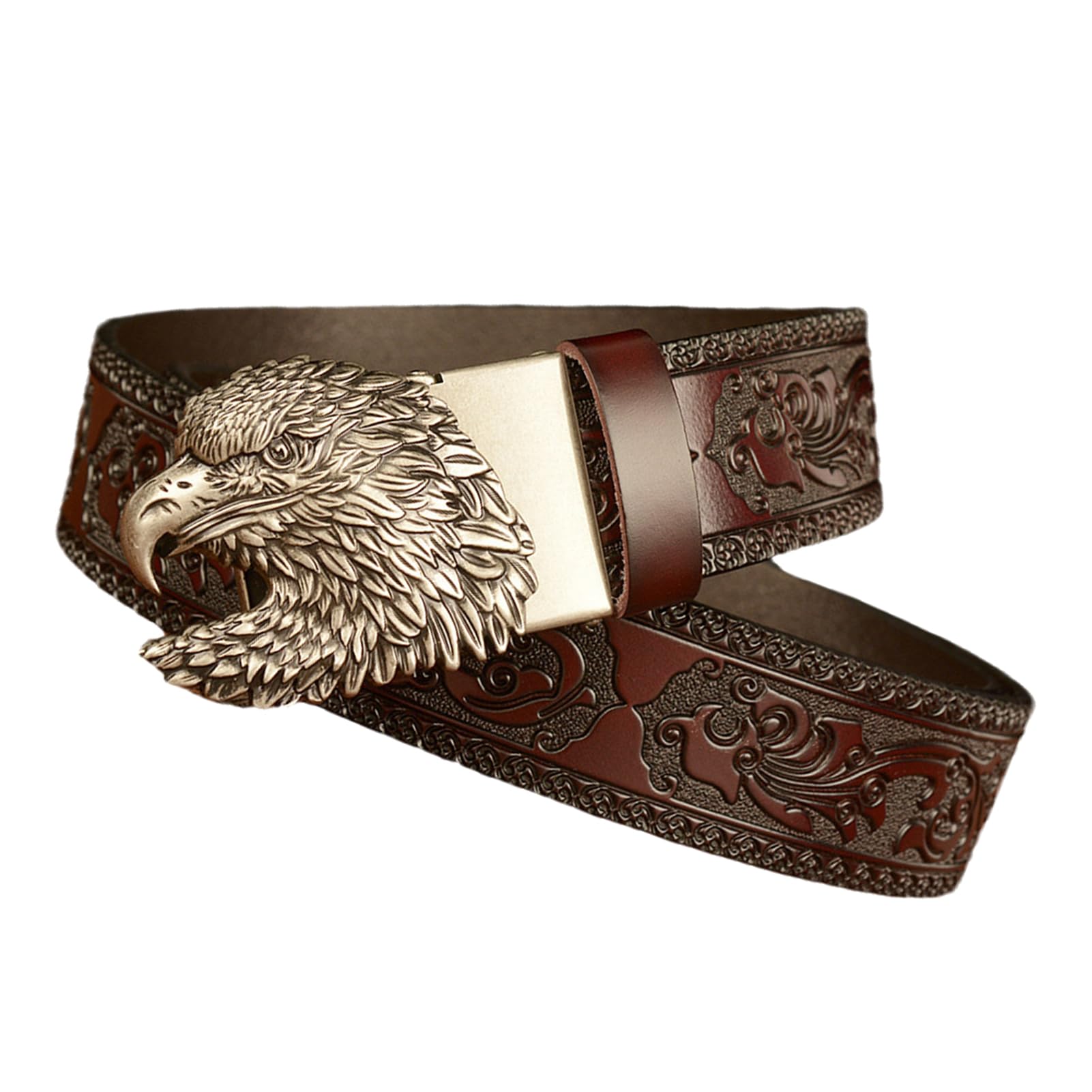 Cinturón De Trinquete Deslizante Clásico Con Hebilla Automática Tallada Águila, Cinturón Trabajo Moda Cuero Repujado (cintura 110 Cm/36 "~ 38", Marrón)