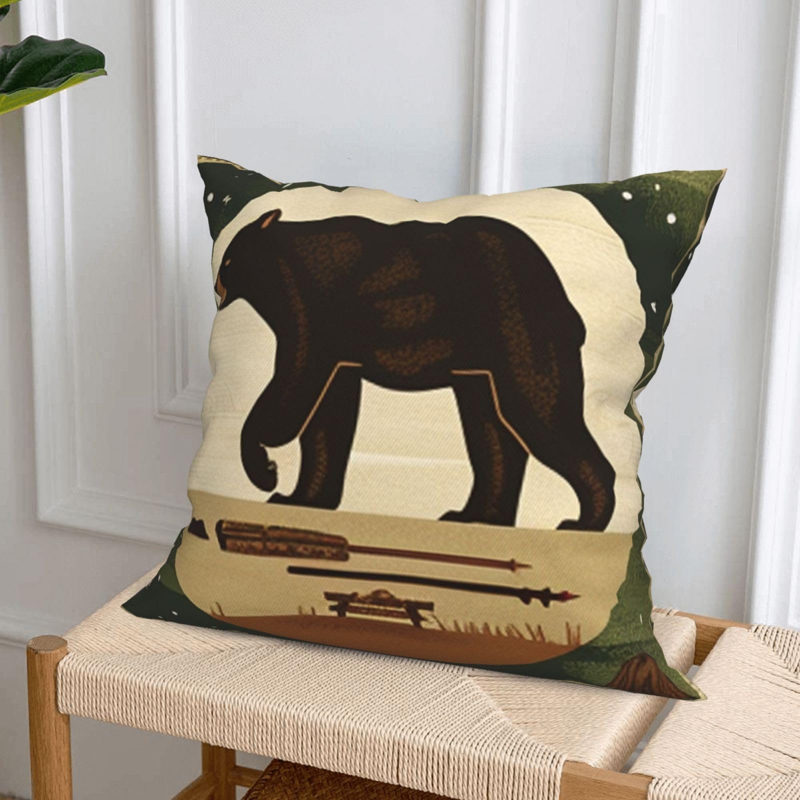 Set Of 4 Throw Pillow Covers - Bear Deer Camping Forest Theme, Plush Double-Sided 18x18 Inch
