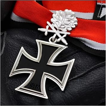 German Badges Iron Cross Badge Knight Medal with Diamond Inlaid Silver Oak Leaf Necklace Pendant Pins Accessories(Dark Khaki)