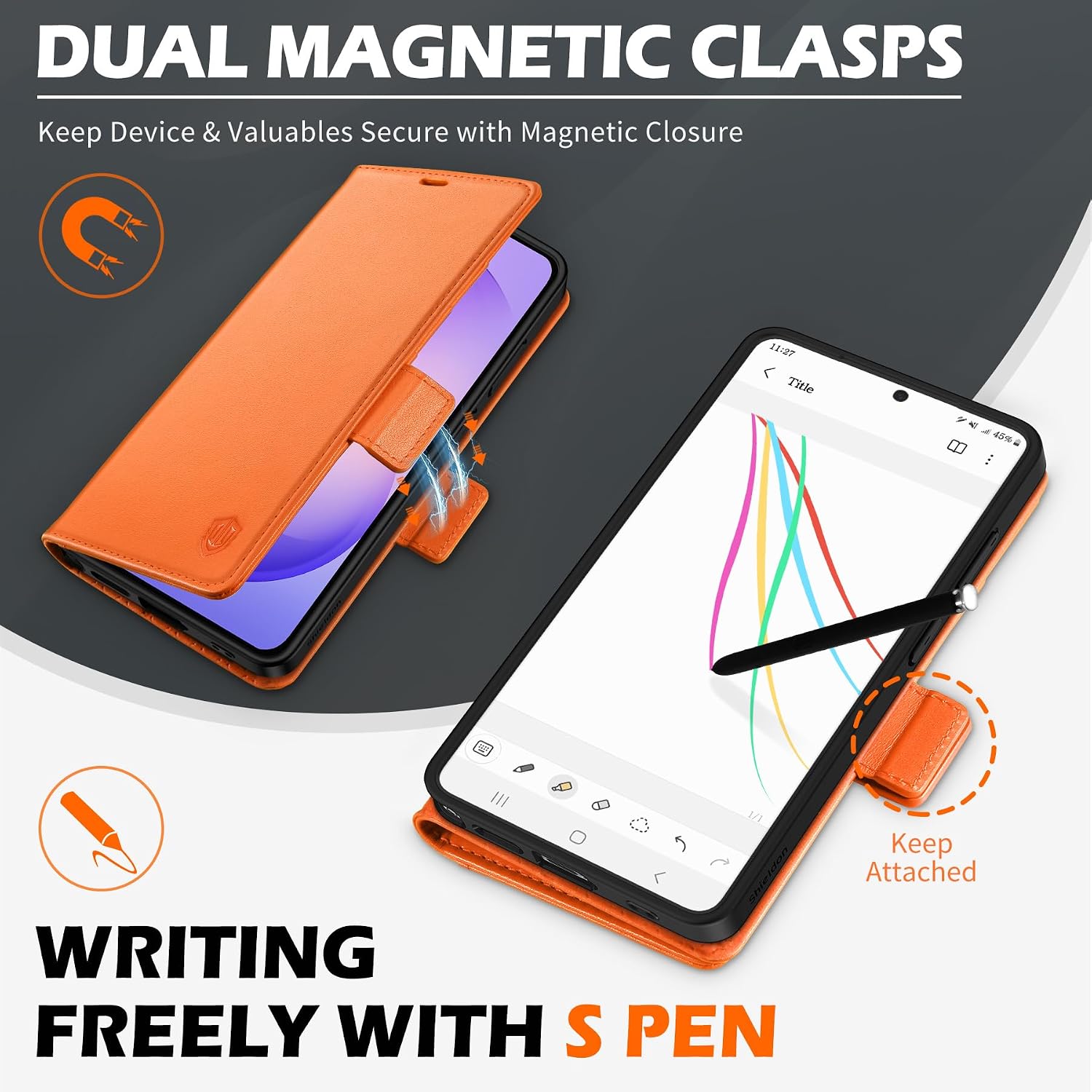 SHIELDON Case for Galaxy S26 Ultra, Genuine Leather Wallet Case with Kickstand RFID Blocking Card Holder, Magnetic Closure, Shock Absorbing Cover Compatible with Galaxy S26 Ultra 6.9" 2026 - Orange