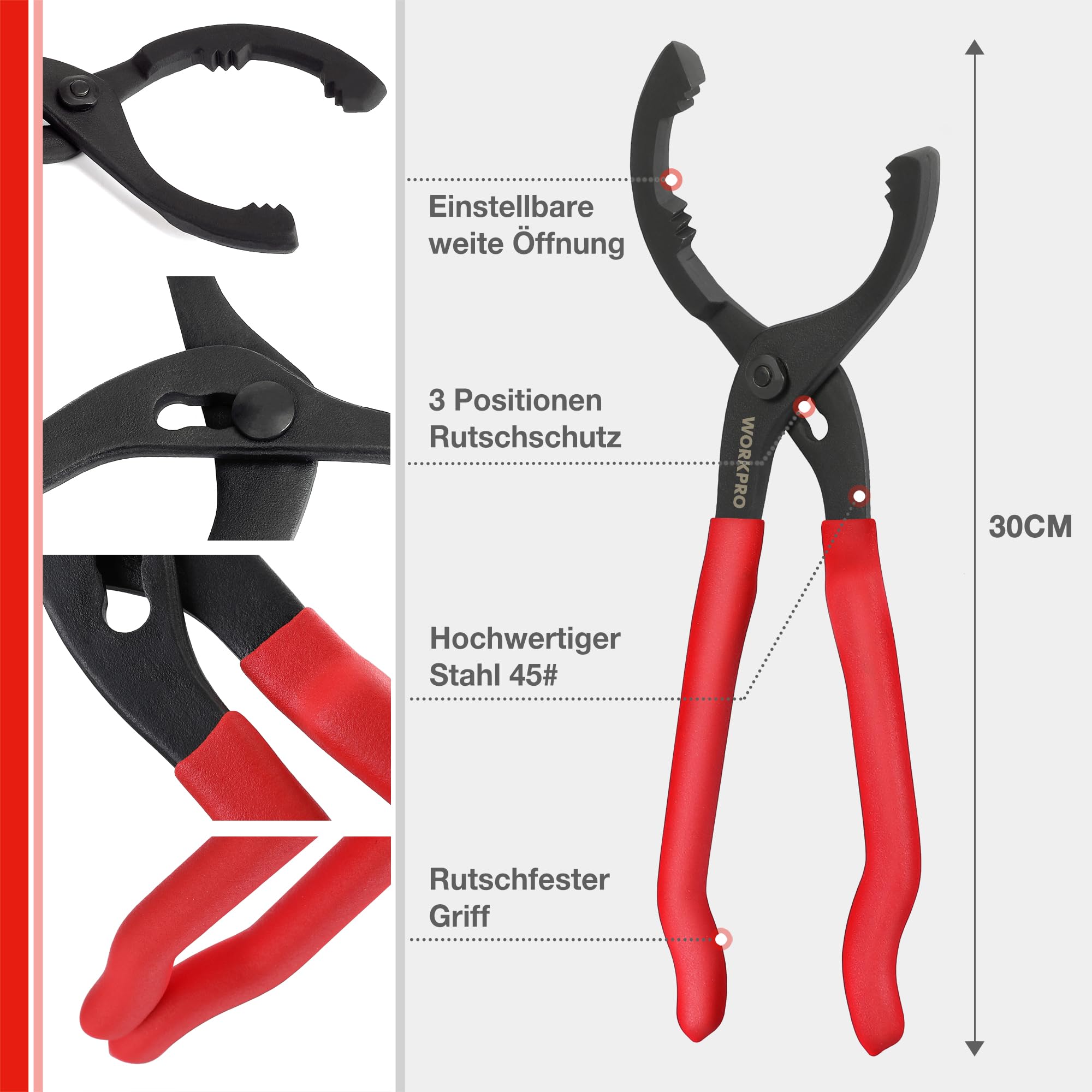 WORKPRO Ölfilterzange 30cm, Verstellbarer Ölfilterschlüssel für Metall-Ölfilter, Rutschfester Griff, Ölfilter-Entfernungswerkzeug für Autos, LKWs, Motorräder (Ø 60mm - 102mm)