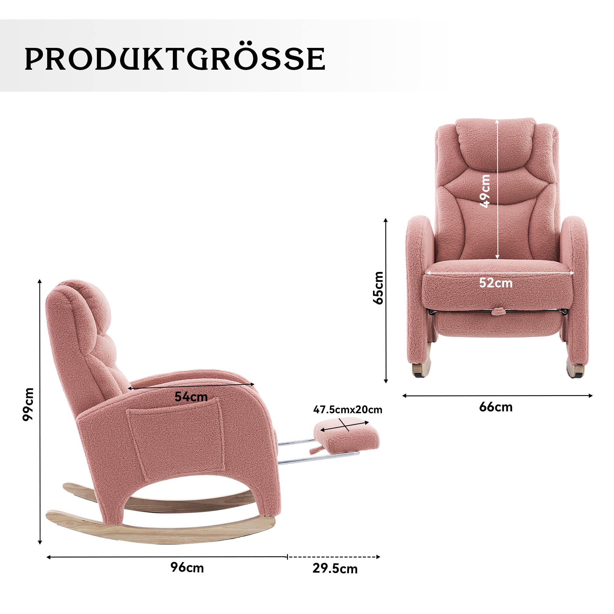 052 Mecedora, sillón relax, silla de salón con reposabrazos, mecedora acolchada, silla acento para dormitorio, tela de peluche rosa, capacidad de carga de 110 kg